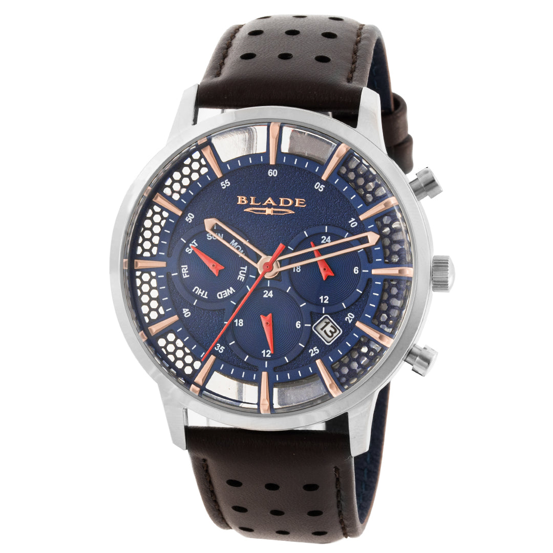 BLADE Bare Blue 3613G1SBO SS & Leather Multifunction Men's Watch