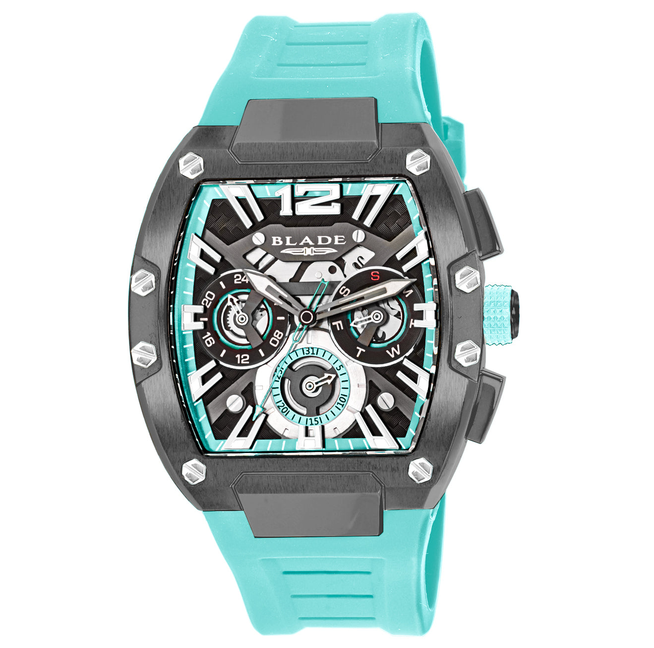 BLADE Magnifique Aqua-Dark 3652G5AUI – Falco Collection – Square – 43mm PVD Grey Stainless Steel Case – Hardened Mineral Glass – Grey/ Aqua Dial – Japan Multifunction Quartz Movement – 27.5mm Aqua Silicone Strap – Tang Buckle – 5ATM Water Resistant – Men's Watch – 3 Years Warranty 