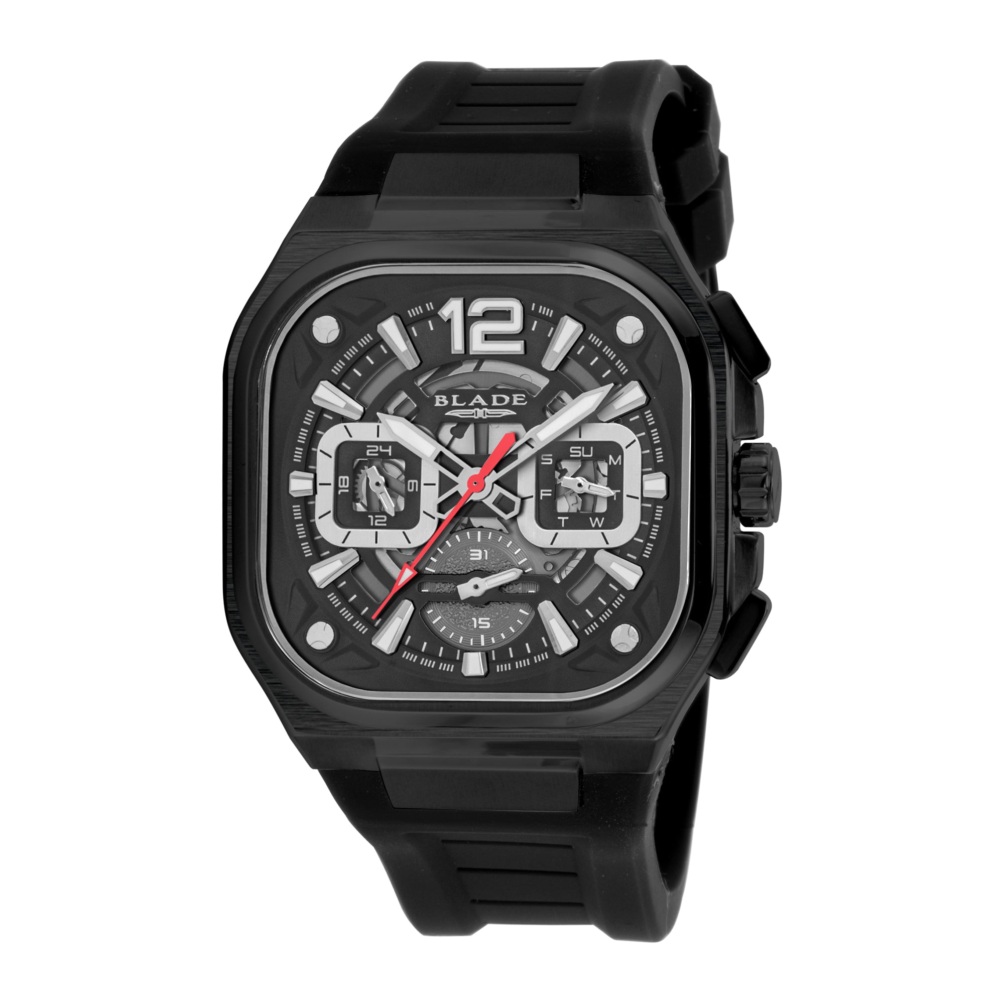 BLADE Glide Imprint 3653G5NNN – Falco Collection – Square – 42mm PVD Black Stainless Steel Case – Hardened Mineral Glass – Black Dial – Japan Multifunction Quartz Movement – 28mm Black Silicone Strap – Tang Buckle – 5ATM Water Resistant – Men's Watch – 3 Years Warranty