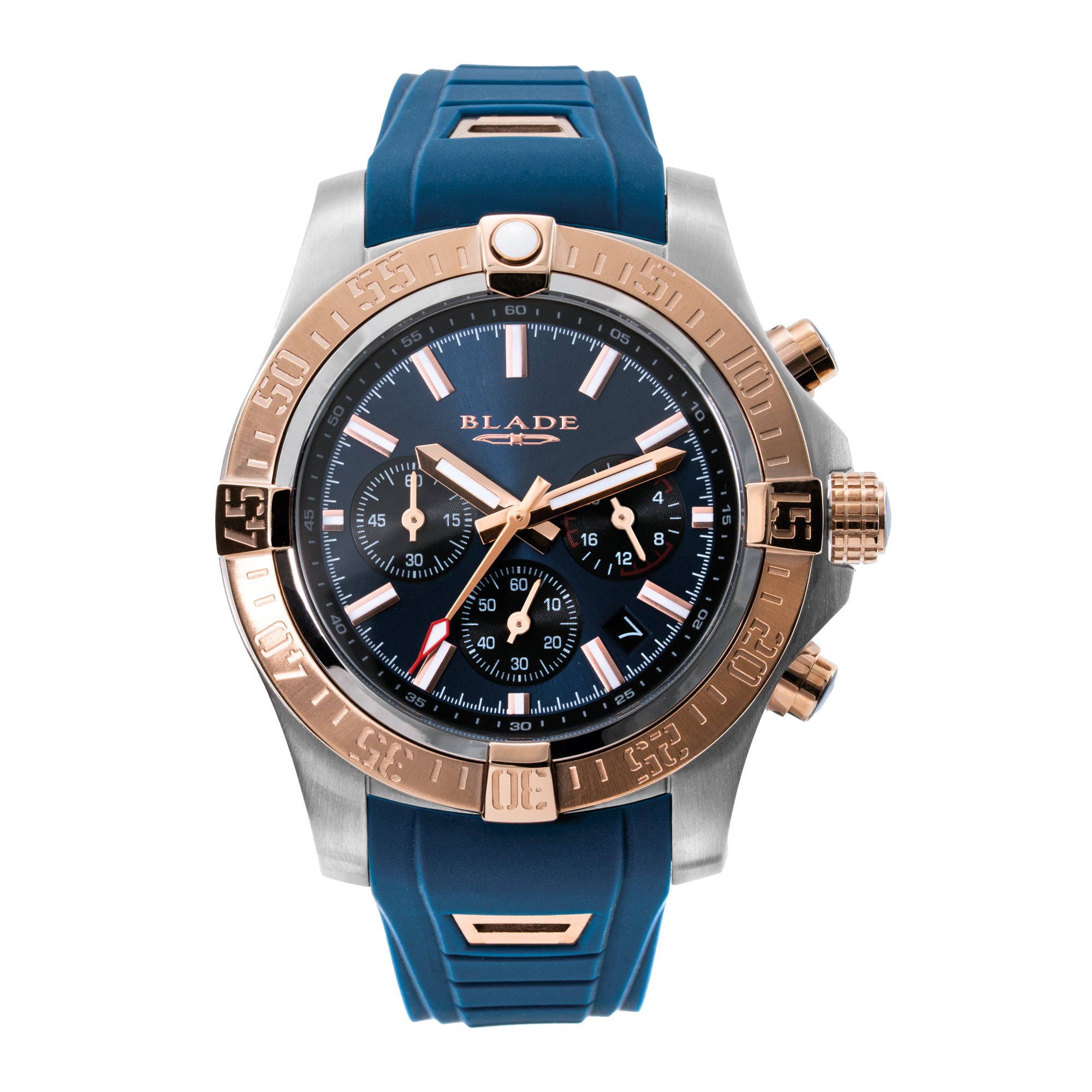 Blade Warrior Bichrome Men's Watch 3658G5UBB – 44mm Rose Gold & Steel Case – Blue Dial – Chronograph – Blue Silicone Strap