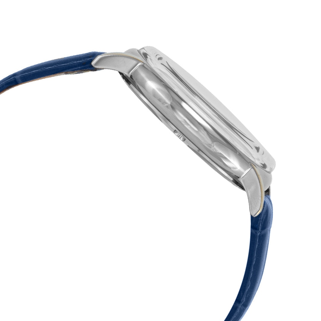 Silver watch case with blue strap on a white background. 3663G1SBB SIDE IMAGE