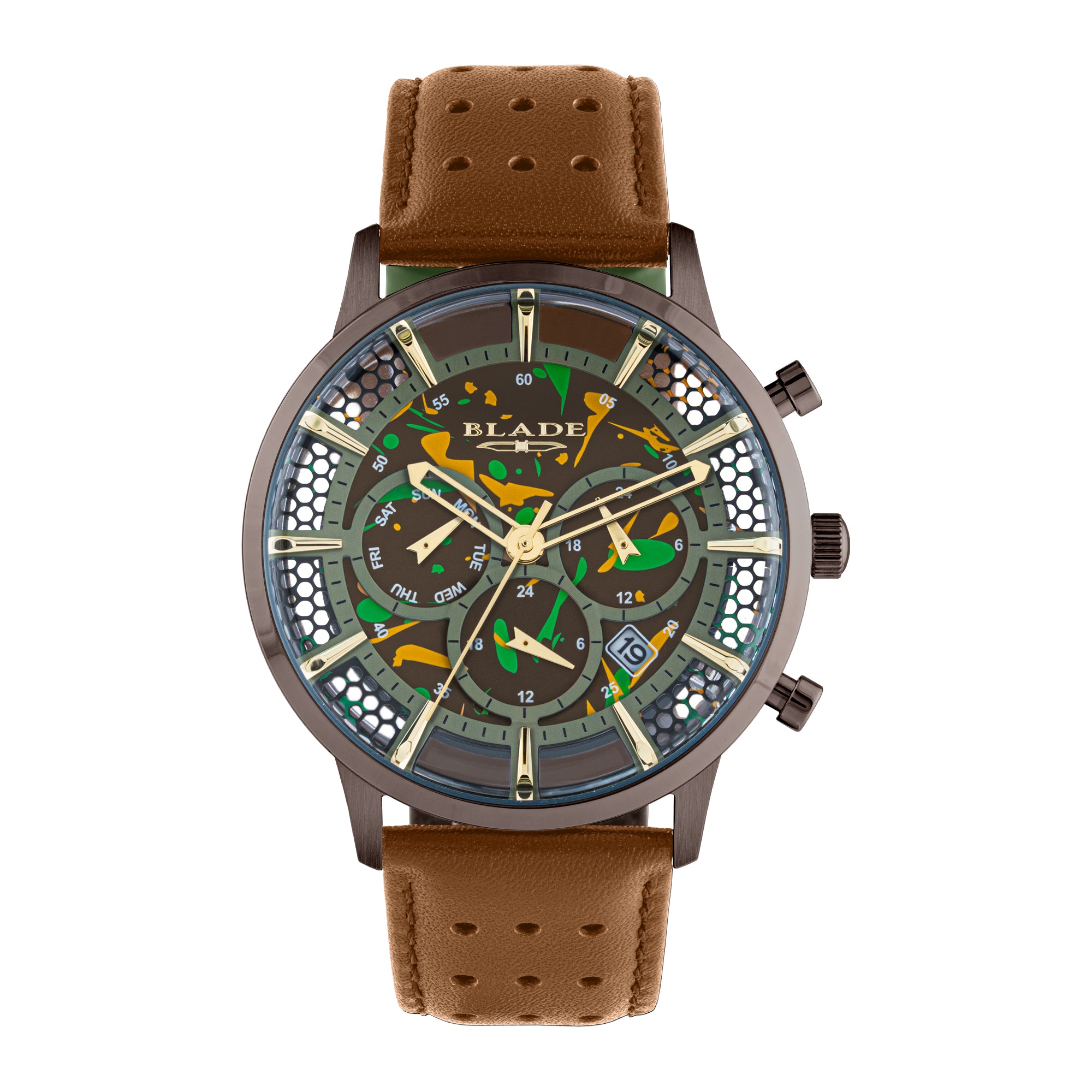 BLADE BARE 'DUBAI CHOCOLATE' 3673G1OOD SS CASE & LEATHER STRAP MULTIFUNCTION MEN'S WATCH