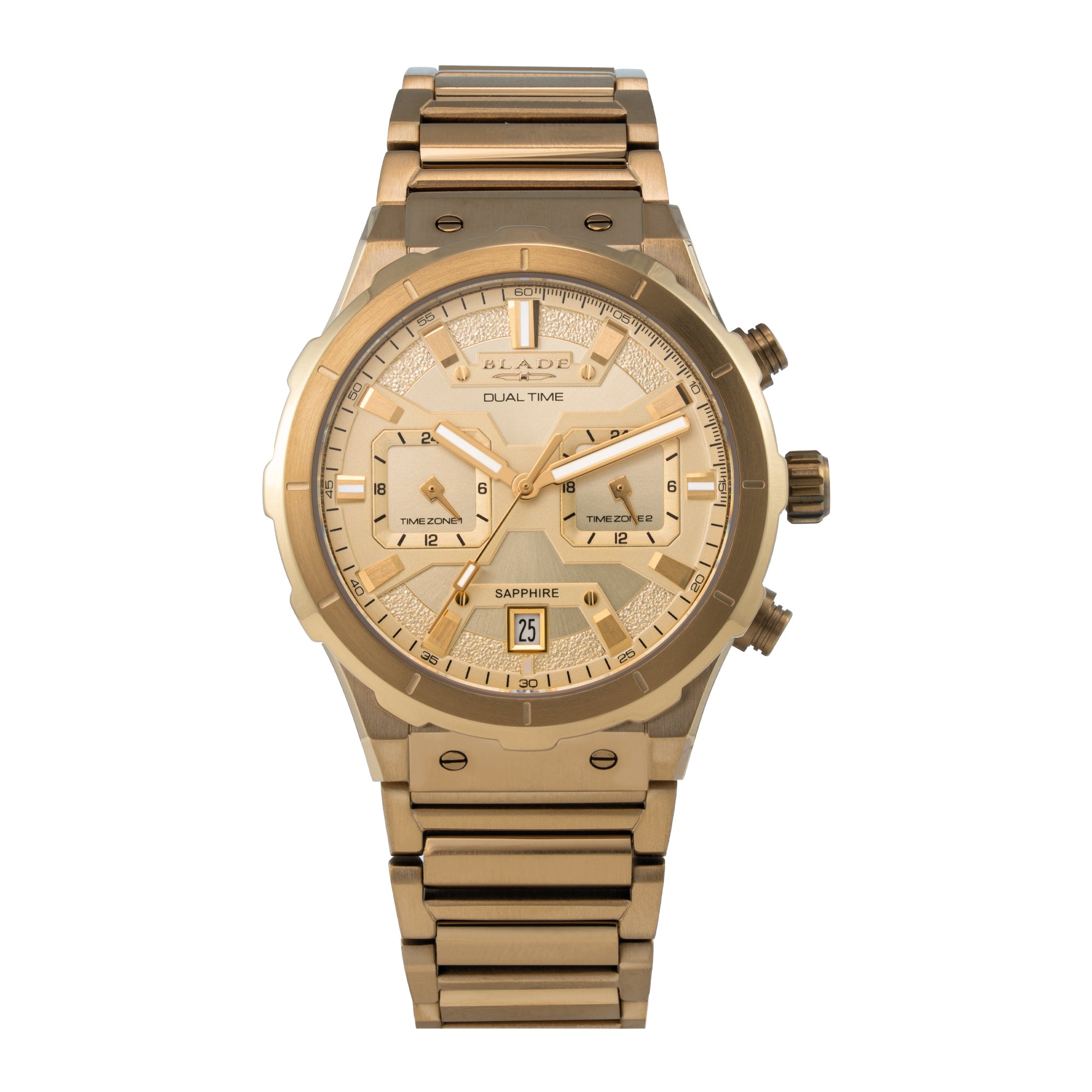 Blade Admiral Blonde Men's Watch 3686G2GCG – 42mm Gold Plated Case – Gold Dial – Dual Time – Sapphire Glass – Gold Strap
