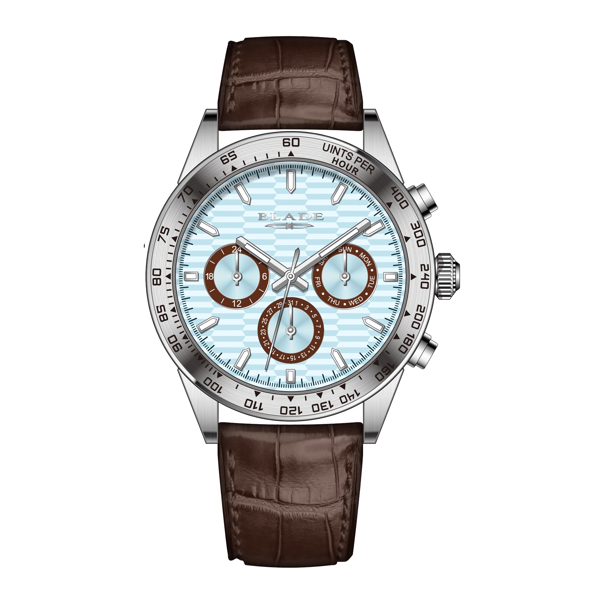 BLADE ECHELON AQUA 3709G1SIO SS CASE & LEATHER STRAP MULTIFUNCTION WITH PUSHERS MEN`S WATCH