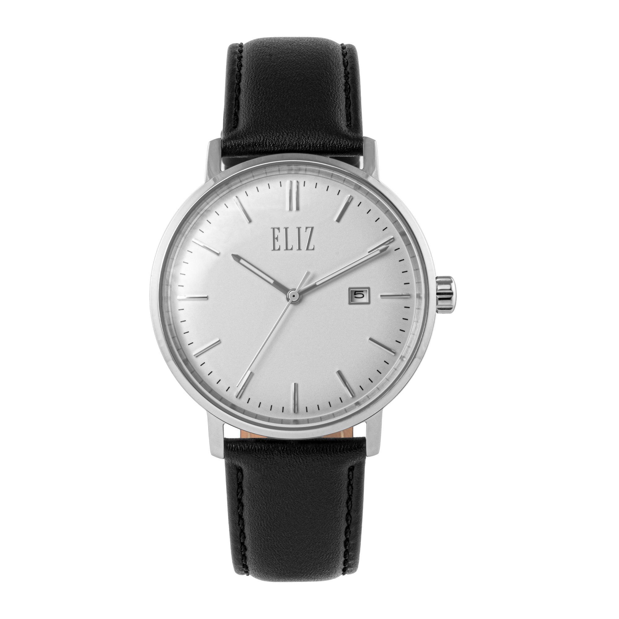 ELIZ ES8950G1SWN – Estimar Collection – Round – 40.5mm Stainless Steel Case – Domed Mineral Glass – White Dial – Japan Date Quartz Movement – 20mm Black Geuine Leather Strap – Tang Buckle – 3ATM Water Resistant – Men's Watch – 2 Years Warranty