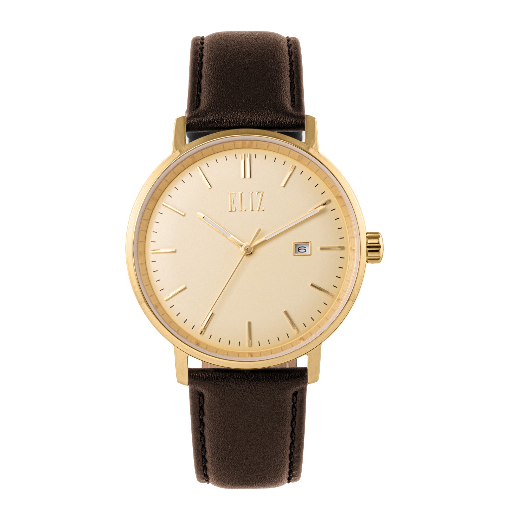ELIZ ES8950G1GCO SS Case & Leather Strap Date Men's Watch
