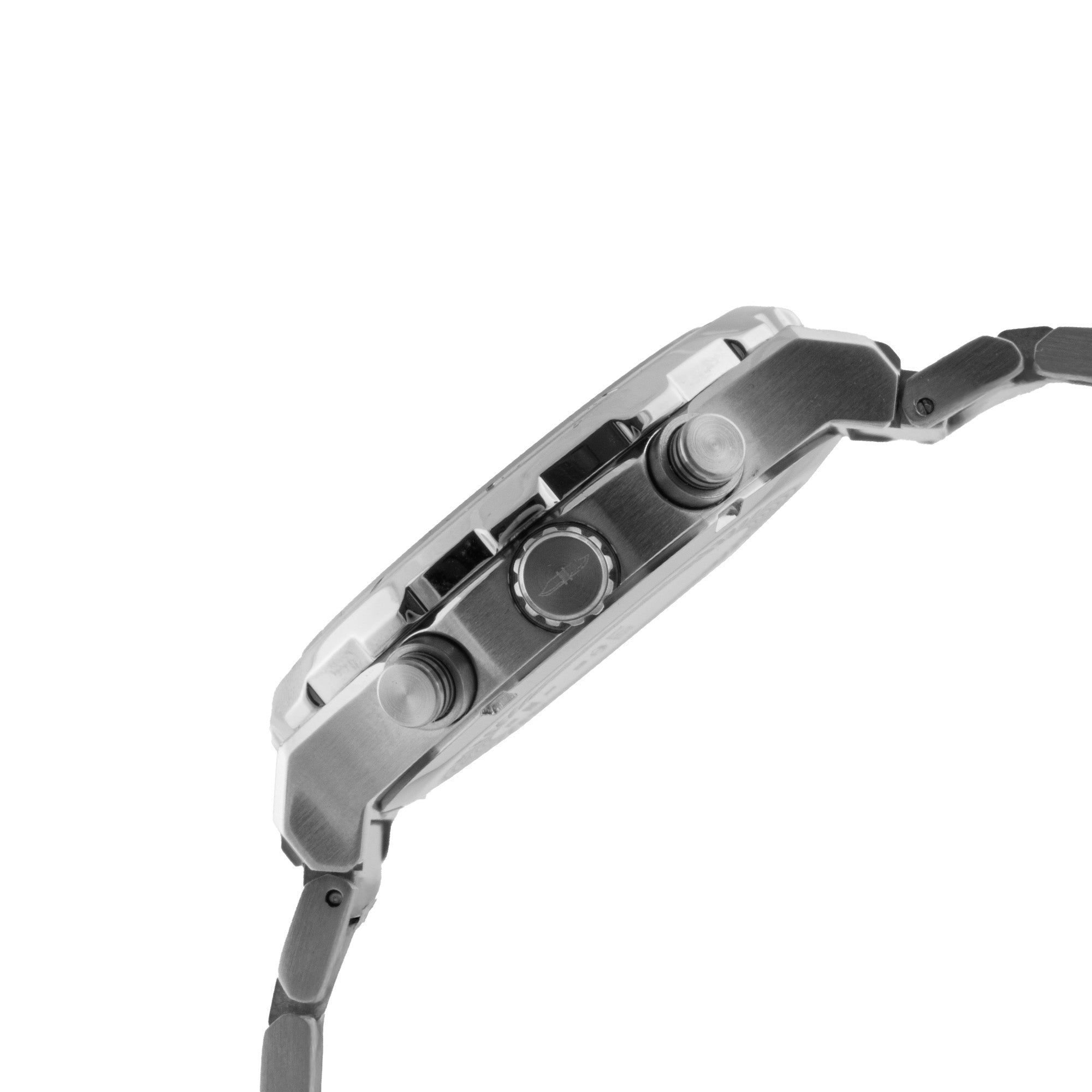 Close-up of a silver watch with a white background