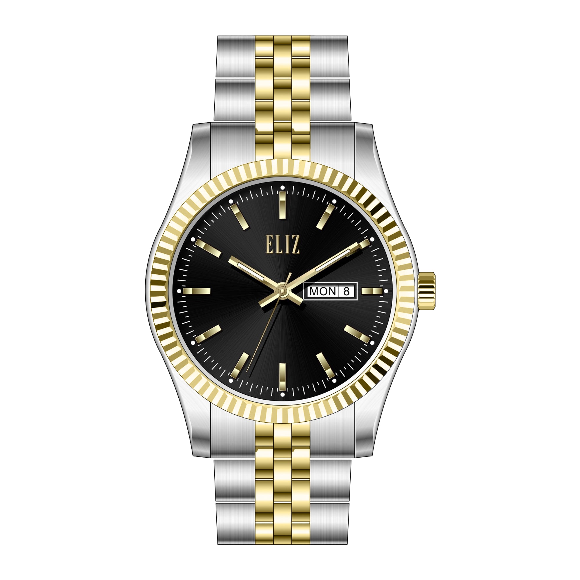 ELIZ ES8863G2TNT – Mahal Collection – Round – 40mm Stainless Steel Case – TT PVD Gold Plating – Hardened Mineral Glass – Black Dial – Japan Day-Date Quartz Movement – 21mm Stainless Steel Band – Foldover with Pushers Buckle – 3ATM Water Resistant – Men's Watch – 2 Years Warranty