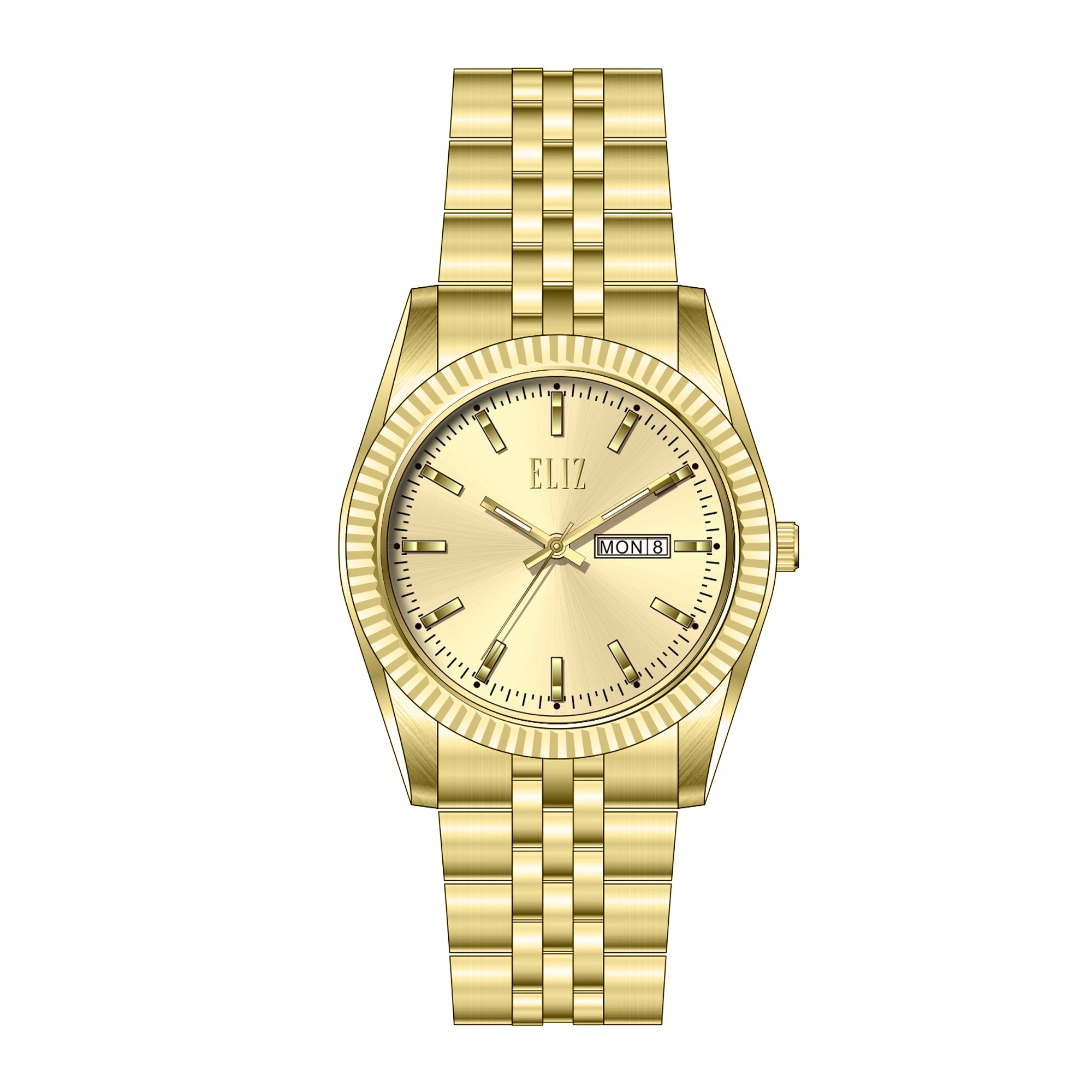ELIZ ES8863L2GCG – Mahal Collection – Round – 31mm Stainless Steel Case – PVD Gold Plating – Hardened Mineral Glass – Gold Dial – Japan Day-Date Quartz Movement – 17mm Stainless Steel Band – Foldover with Pushers Buckle – 3ATM Water Resistant – Women's Watch – 2 Years Warranty