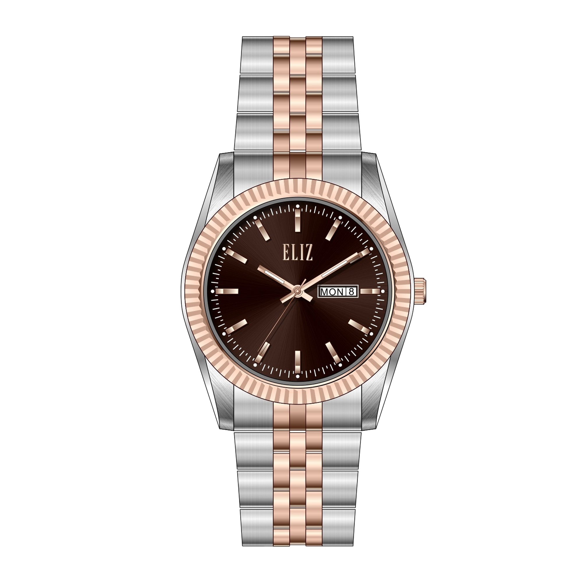 ELIZ ES8863L2UOU – Mahal Collection – Round – 31mm Stainless Steel Case – TT PVD Rose Gold Plating – Hardened Mineral Glass – Brown Dial – Japan Day-Date Quartz Movement – 17mm Stainless Steel Band – Foldover with Pushers Buckle – 3ATM Water Resistant – Women's Watch – 2 Years Warranty