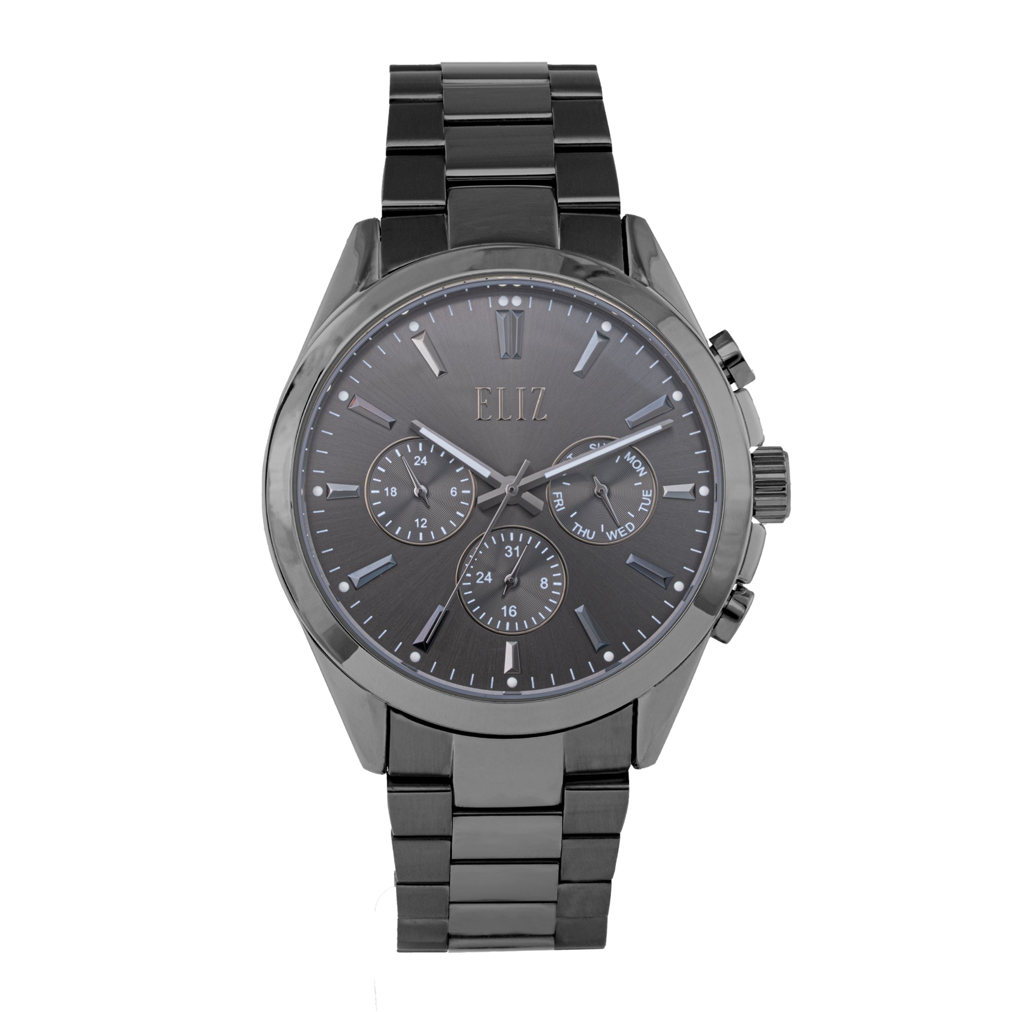 ELIZ ES8868G2AGA β DΓ©sir Collection β Round β 44mm Superior Metal Case β PVD Gun Plating β Hardened Mineral Glass β Grey Dial β Japan Multifunction Quartz Movement β 22mm PVD Gun Stainless Steel Band β Hidden Deployant with Pushers Buckle β 3ATM Water Resistant β Men's Watch β 2 Years Warranty