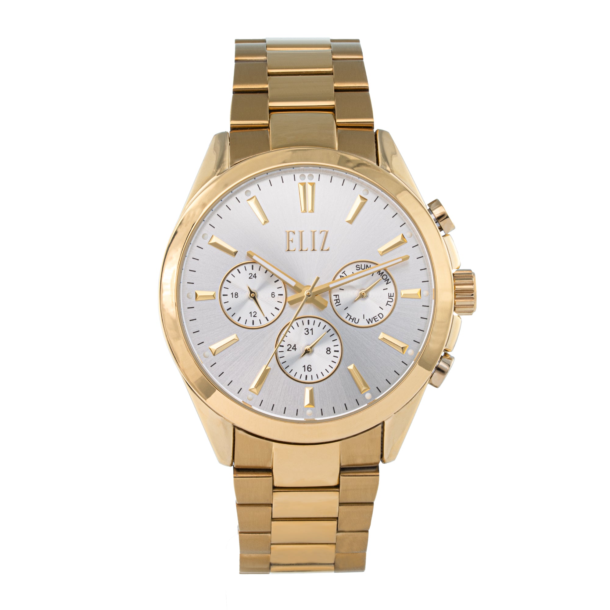 ELIZ ES8868G2GSG β DΓ©sir Collection β Round β 44mm Superior Metal Case β PVD Gold Plating β Hardened Mineral Glass β Silver Dial β Japan Multifunction Quartz Movement β 22mm PVD Gold Stainless Steel Band β Hidden Deployant with Pushers Buckle β 3ATM Water Resistant β Men's Watch β 2 Years Warranty 