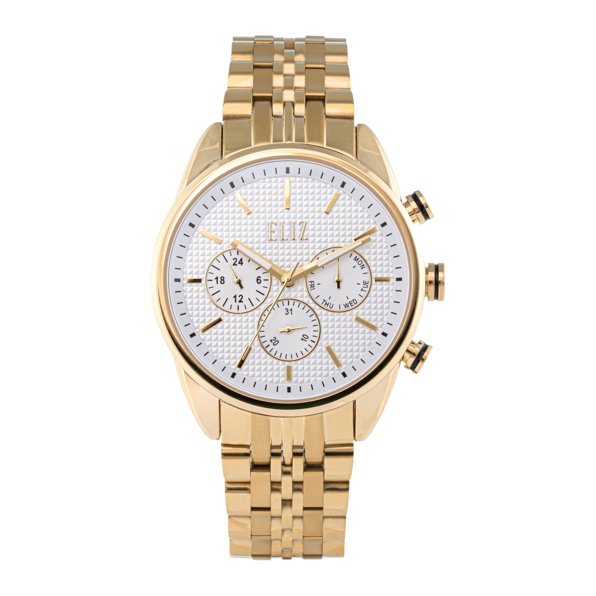 ELIZ ES8869G2GSG β DΓ©sir Collection β Round β 45mm Superior Metal Case β PVD Gold Plating β Hardened Mineral Glass β Silver Dial β Japan Multifunction Quartz Movement β 24mm PVD Gold Stainless Steel Band β Hidden Deployant with Pushers Buckle β 3ATM Water Resistant β Men's Watch β 2 Years Warranty