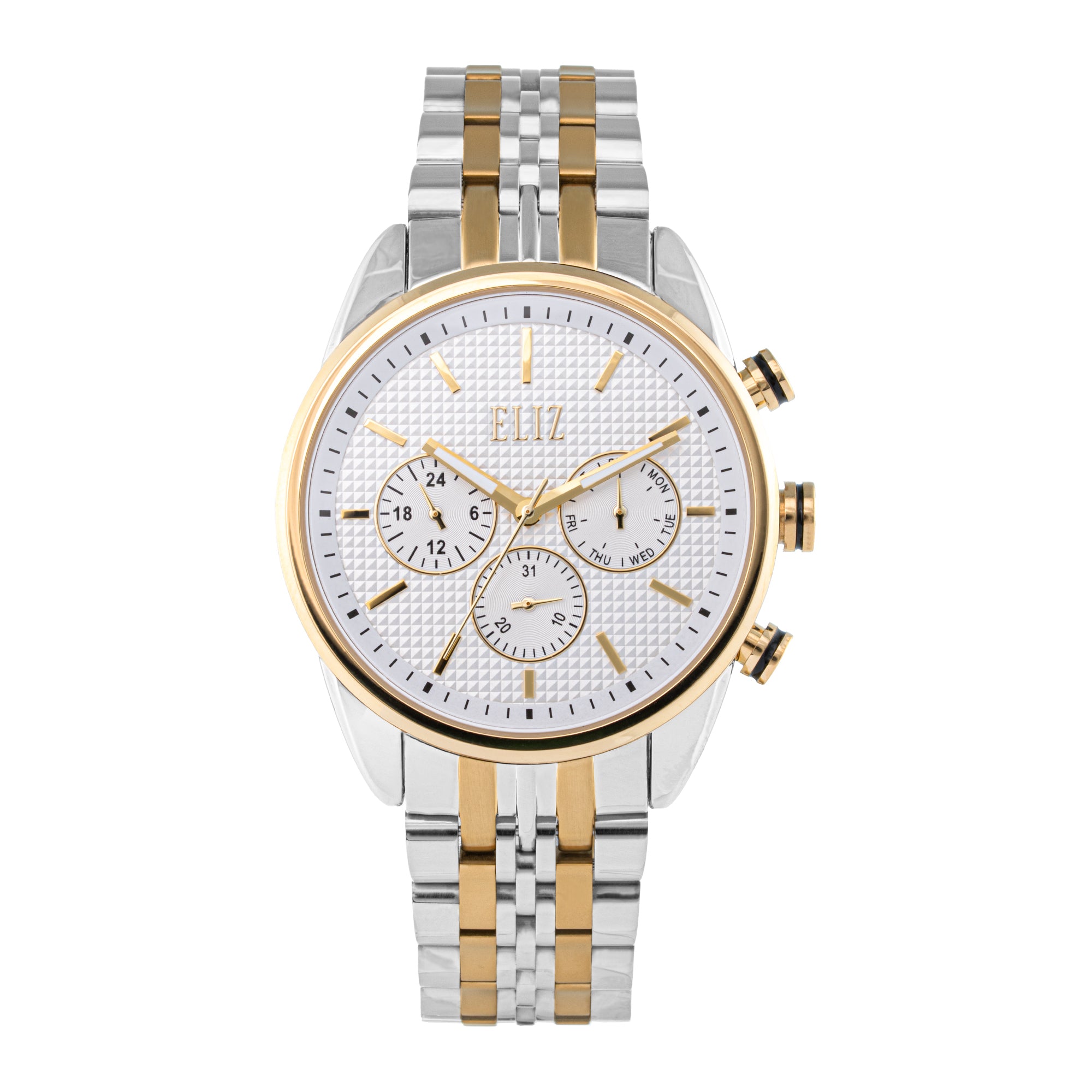 ELIZ ES8869G2TST β DΓ©sir Collection β Round β 45mm Superior Metal Case β TT PVD Gold Plating β Hardened Mineral Glass β Silver Dial β Japan Multifunction Quartz Movement β 24mm TT PVD Gold Stainless Steel Band β Hidden Deployant with Pushers Buckle β 3ATM Water Resistant β Men's Watch β 2 Years Warranty