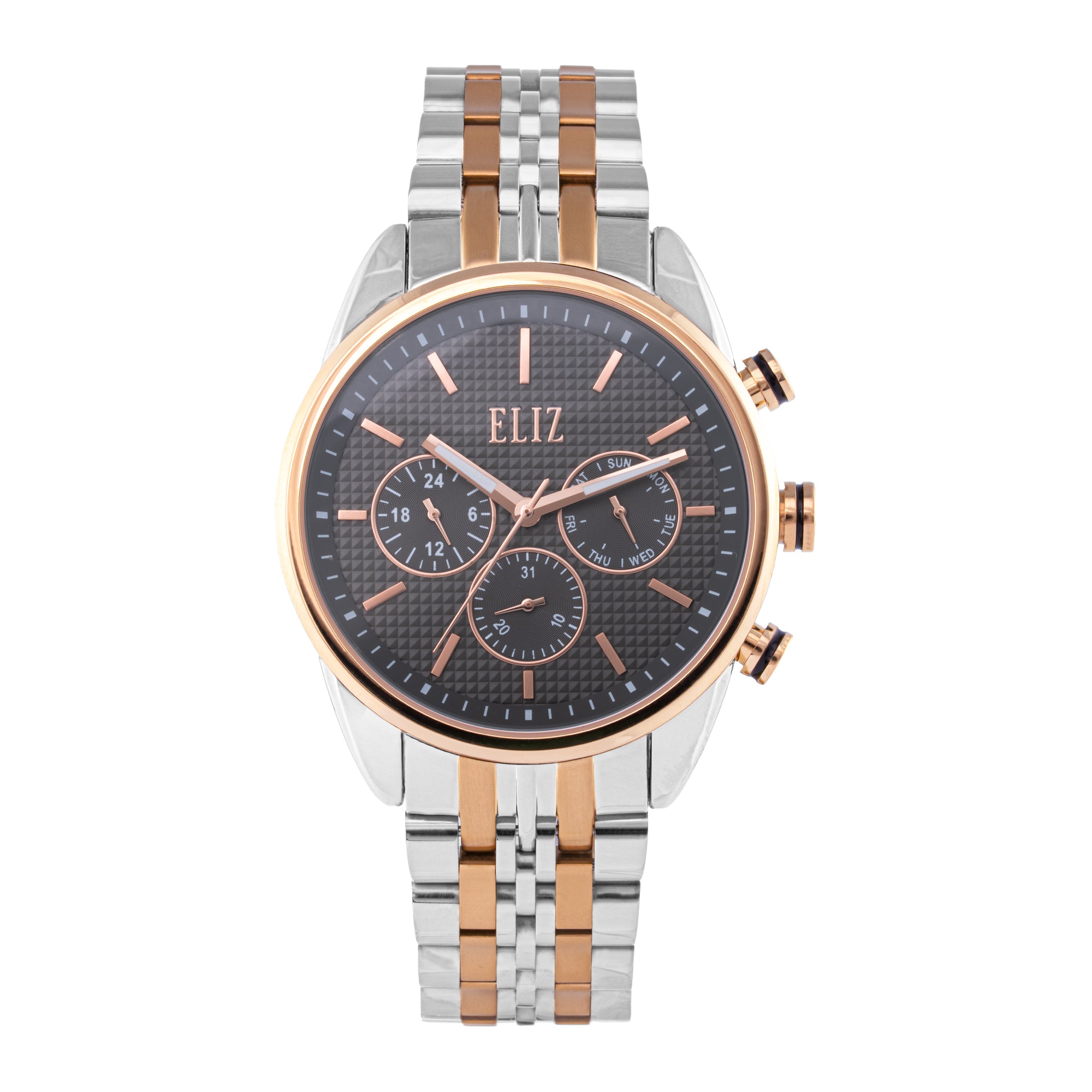 ELIZ ES8869G2UGU β DΓ©sir Collection β Round β 45mm Superior Metal Case β PVD Gold Plating β Hardened Mineral Glass β Grey Dial β Japan Multifunction Quartz Movement β 24mm PVD Gold Stainless Steel Band β Hidden Deployant with Pushers Buckle β 3ATM Water Resistant β Men's Watch β 2 Years Warranty