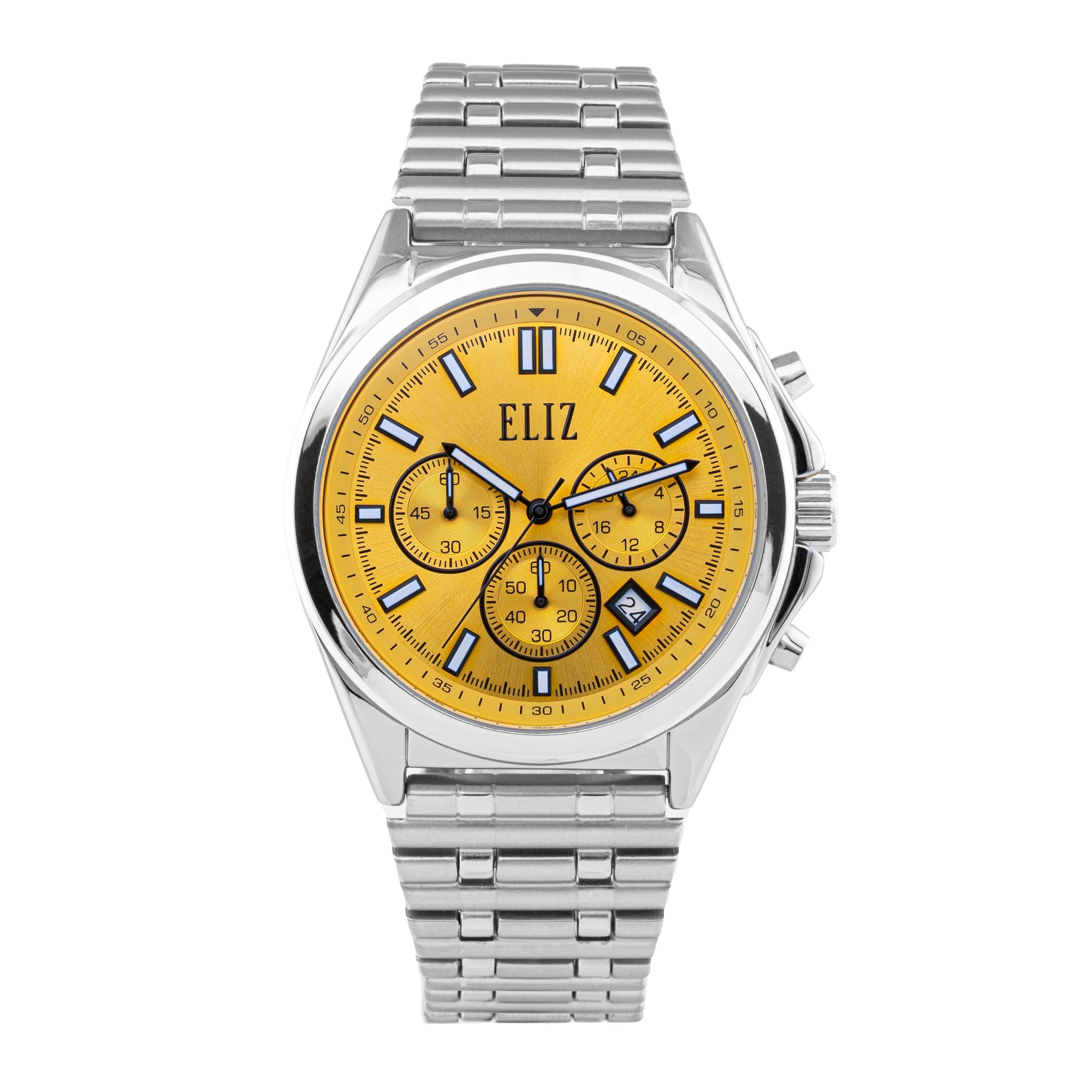 ELIZ ES8870G2SYS – Désir Collection – Round – 44mm Superior Metal Case – PVD Silver Plating – Hardened Mineral Glass – Yellow Dial – Japan Chronograph Quartz Movement – 26x22mm Stainless Steel Band – Hidden Deployant with Pushers Buckle – 3ATM Water Resistant – Men's Watch – 2 Years Warranty 