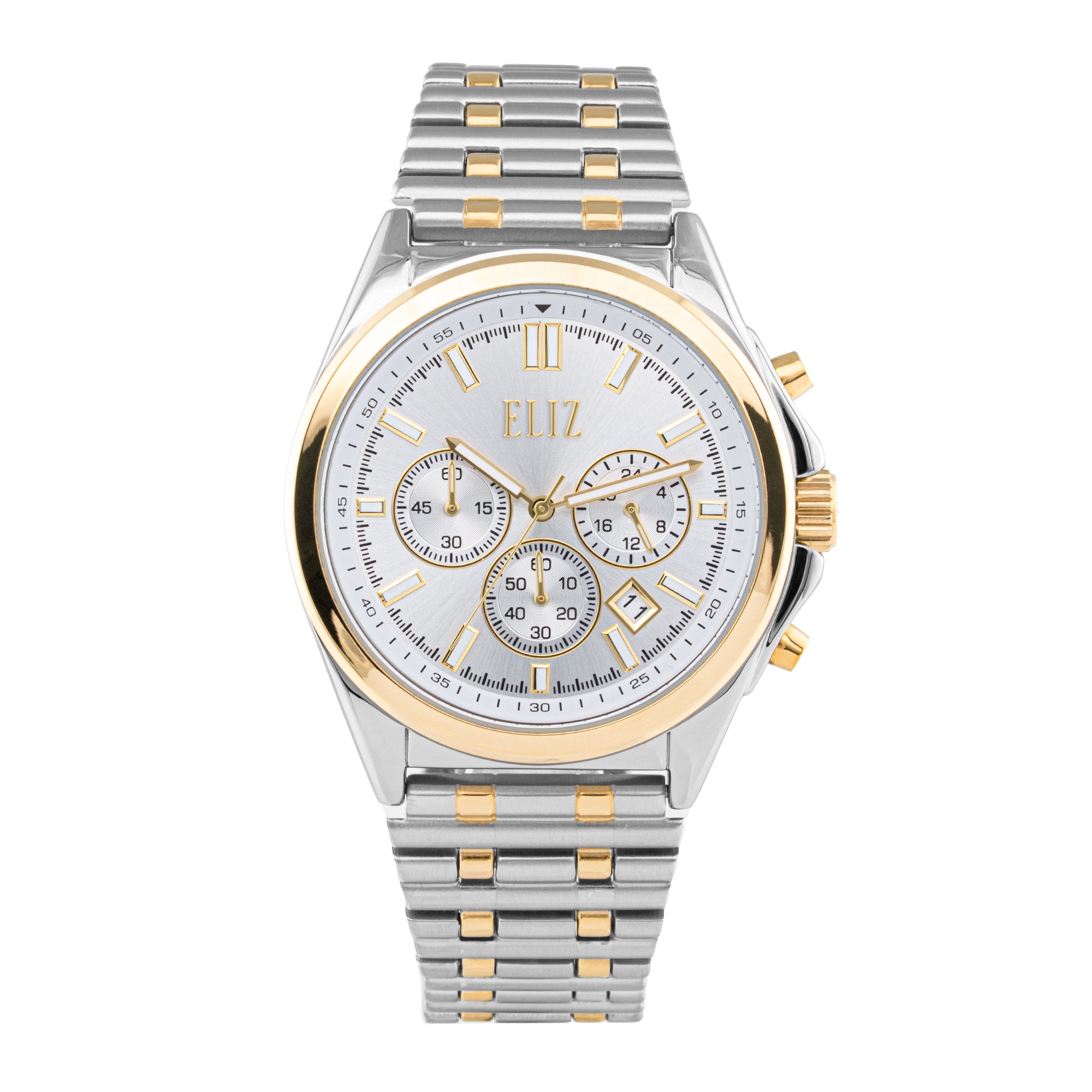 ELIZ ES8870G2TST – Désir Collection – Round – 44mm Superior Metal Case – TT PVD Gold Plating – Hardened Mineral Glass – Silver Dial – Japan Chronograph Quartz Movement – 26x22mm TT PVD Gold Stainless Steel Band – Hidden Deployant with Pushers Buckle – 3ATM Water Resistant – Men's Watch – 2 Years Warranty 