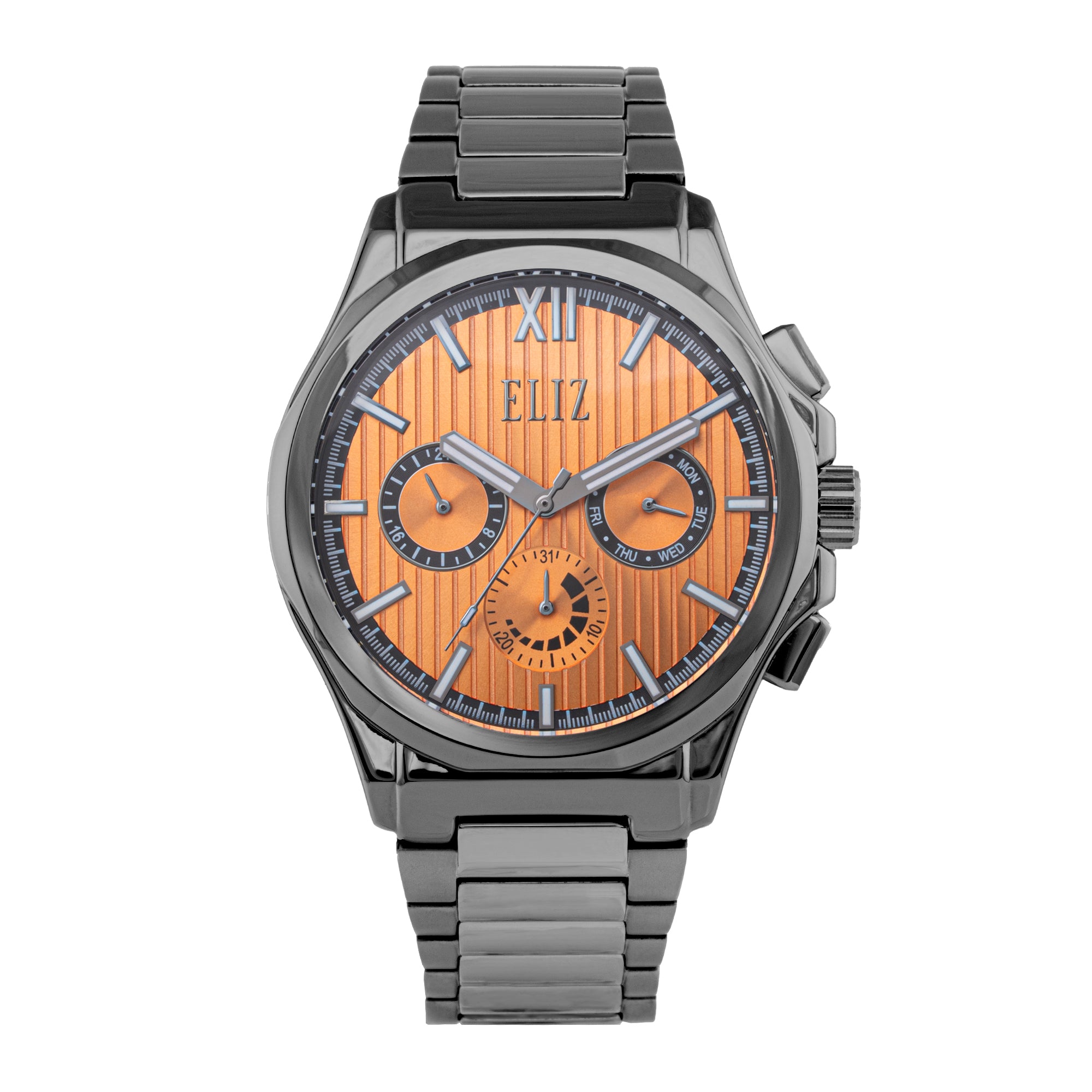 ELIZ ES8871G2AAA β DΓ©sir Collection β Round β 45mm Superior Metal Case β PVD Gun Plating β Hardened Mineral Glass β Orange Dial β Japan Multifunction Quartz Movement β 24mm PVD Gun Stainless Steel Band β Hidden Deployant with Pushers Buckle β 3ATM Water Resistant β Men's Watch β 2 Years Warranty