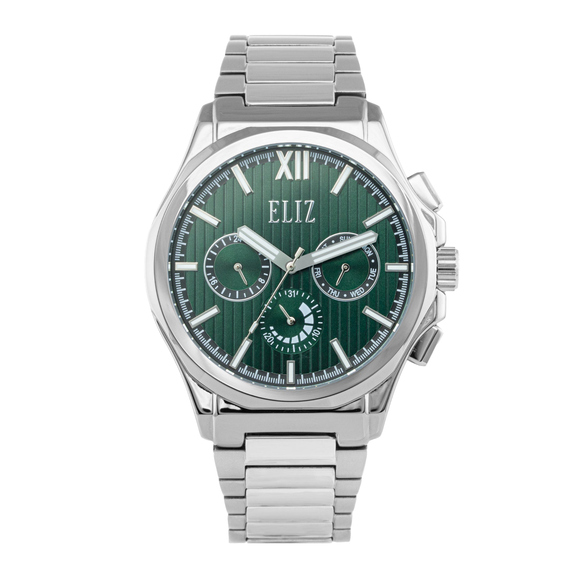 ELIZ ES8871G2SES – Désir Collection – Round – 45mm Superior Metal Case – PVD Silver Plating – Hardened Mineral Glass – Green Dial – Japan Multifunction Quartz Movement – 24mm Stainless Steel Band – Hidden Deployant with Pushers Buckle – 3ATM Water Resistant – Men's Watch – 2 Years Warranty