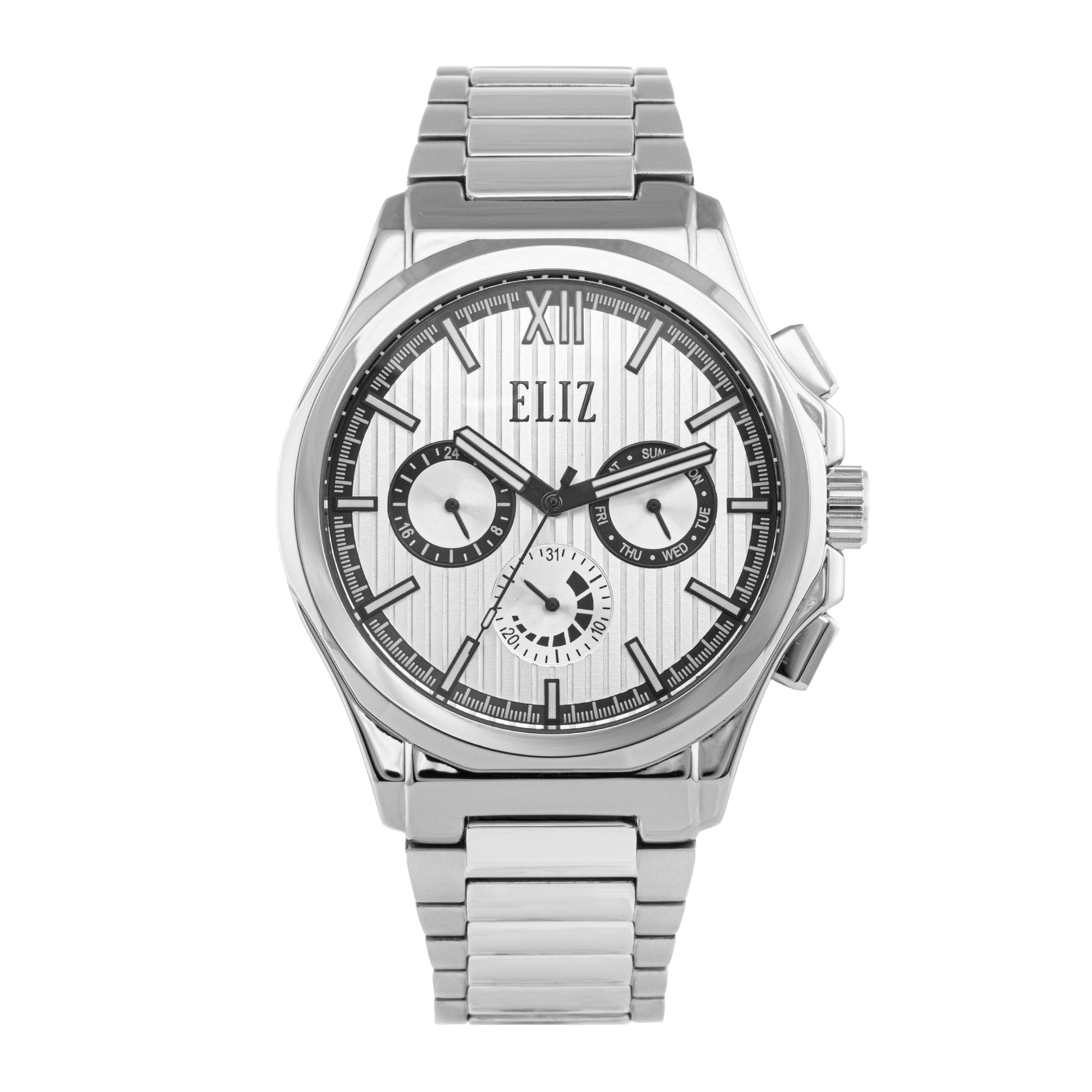 ELIZ ES8871G2SSS – Désir Collection – Round – 45mm Superior Metal Case – PVD Silver Plating – Hardened Mineral Glass – Silver Dial – Japan Multifunction Quartz Movement – 24mm Stainless Steel Band – Hidden Deployant with Pushers Buckle – 3ATM Water Resistant – Men's Watch – 2 Years Warranty