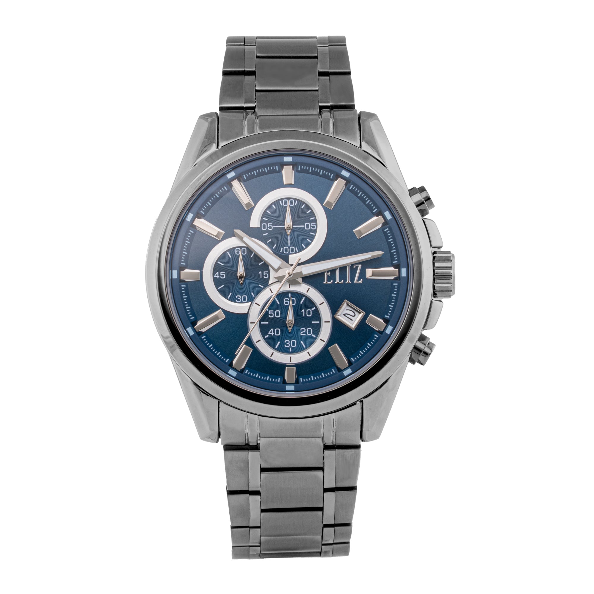 ELIZ ES8872G2ABA – Désir Collection – Round – 45mm Superior Metal Case – PVD Gun Plating – Hardened Mineral Glass – Blue Dial – Japan Chronograph Quartz Movement – 22mm PVD Gun Stainless Steel Band – Hidden Deployant with Pushers Buckle – 3ATM Water Resistant – Men's Watch – 2 Years Warranty