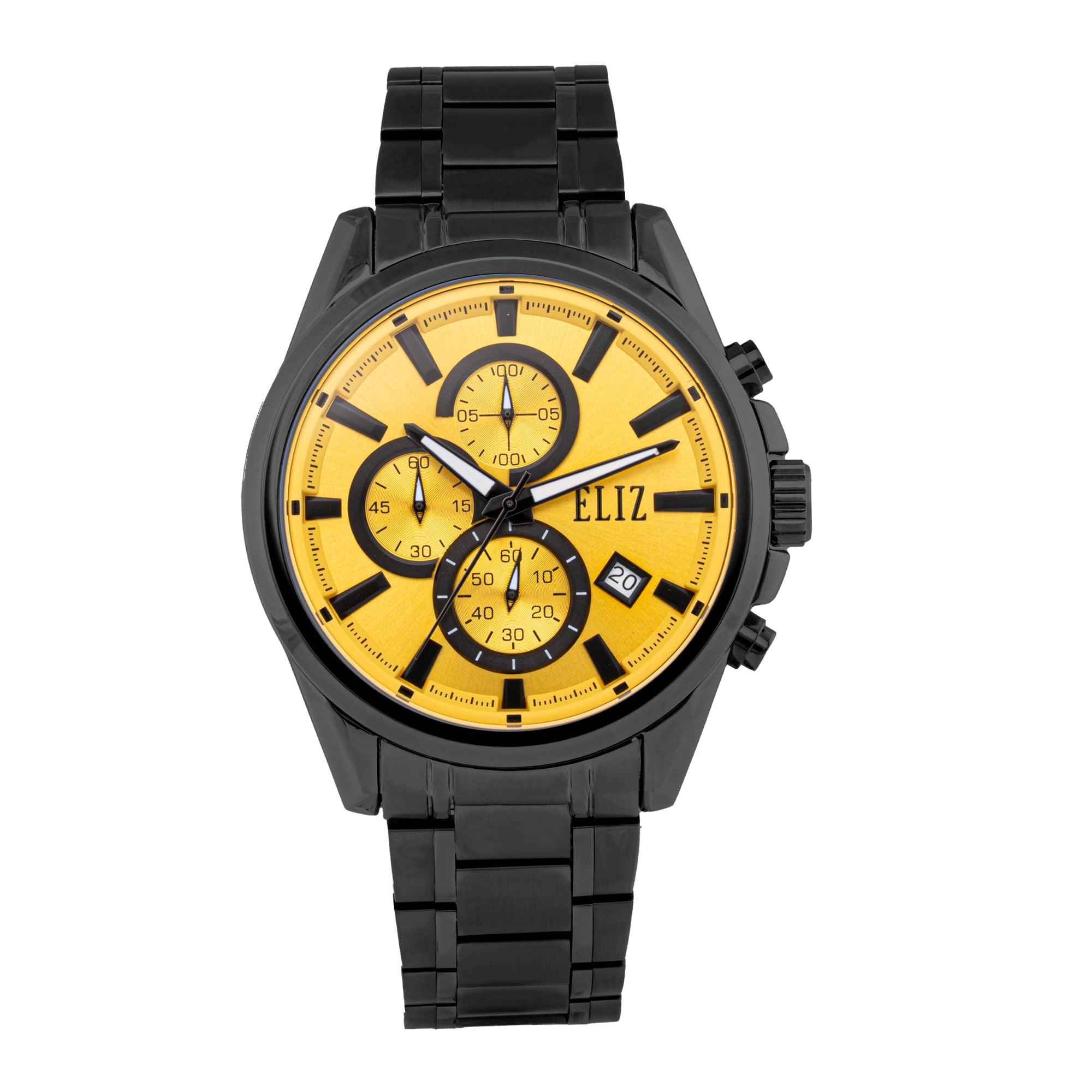 ELIZ ES8872G2NYN – Désir Collection – Round – 45mm Superior Metal Case – PVD Black Plating – Hardened Mineral Glass – Yellow Dial – Japan Chronograph Quartz Movement – 22mm PVD Black Stainless Steel Band – Hidden Deployant with Pushers Buckle – 3ATM Water Resistant – Men's Watch – 2 Years Warranty