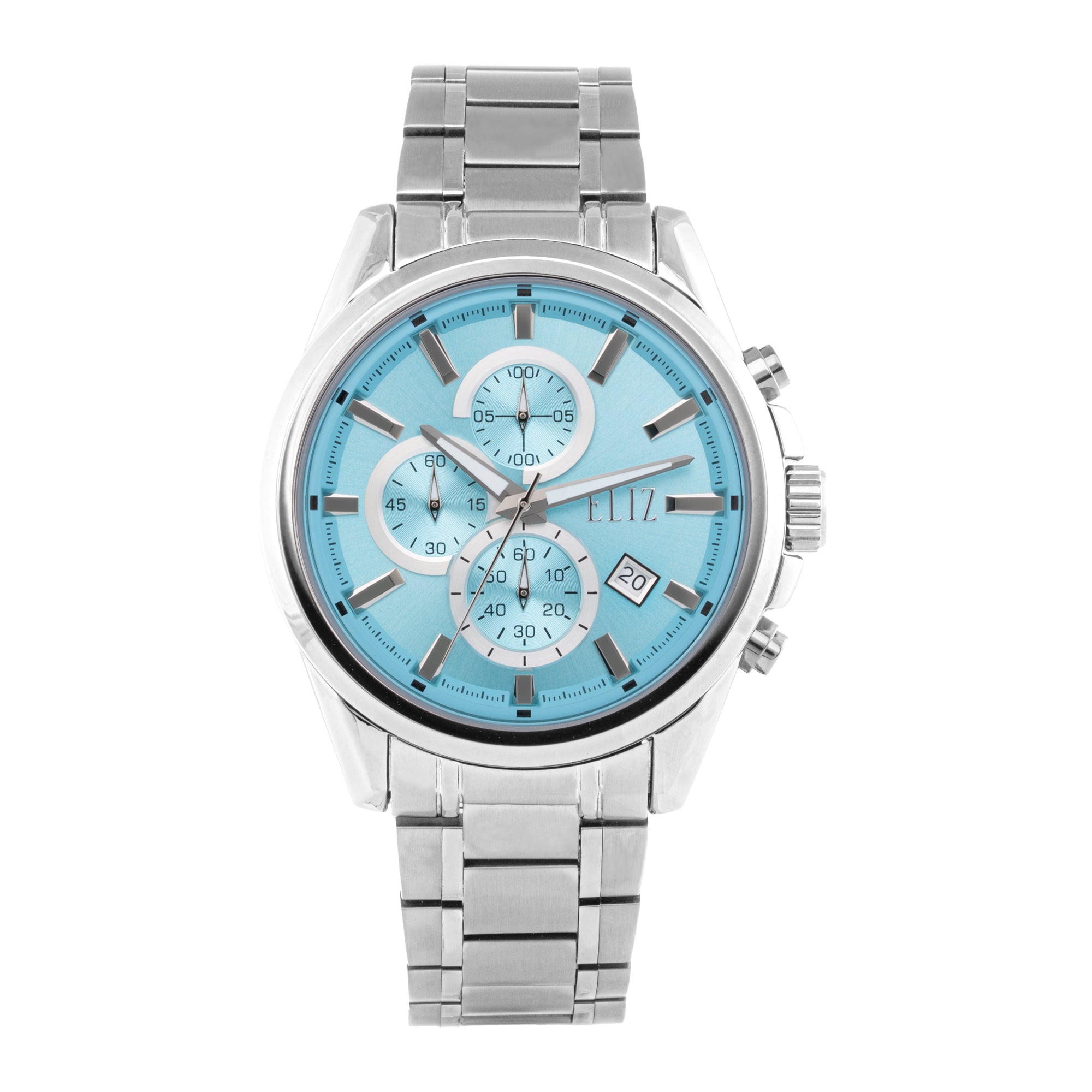 ELIZ ES8872G2SIS – Désir Collection – Round – 45mm Superior Metal Case – PVD Silver Plating – Hardened Mineral Glass – Light Blue Dial – Japan Chronograph Quartz Movement – 22mm Stainless Steel Band – Hidden Deployant with Pushers Buckle – 3ATM Water Resistant – Men's Watch – 2 Years Warranty