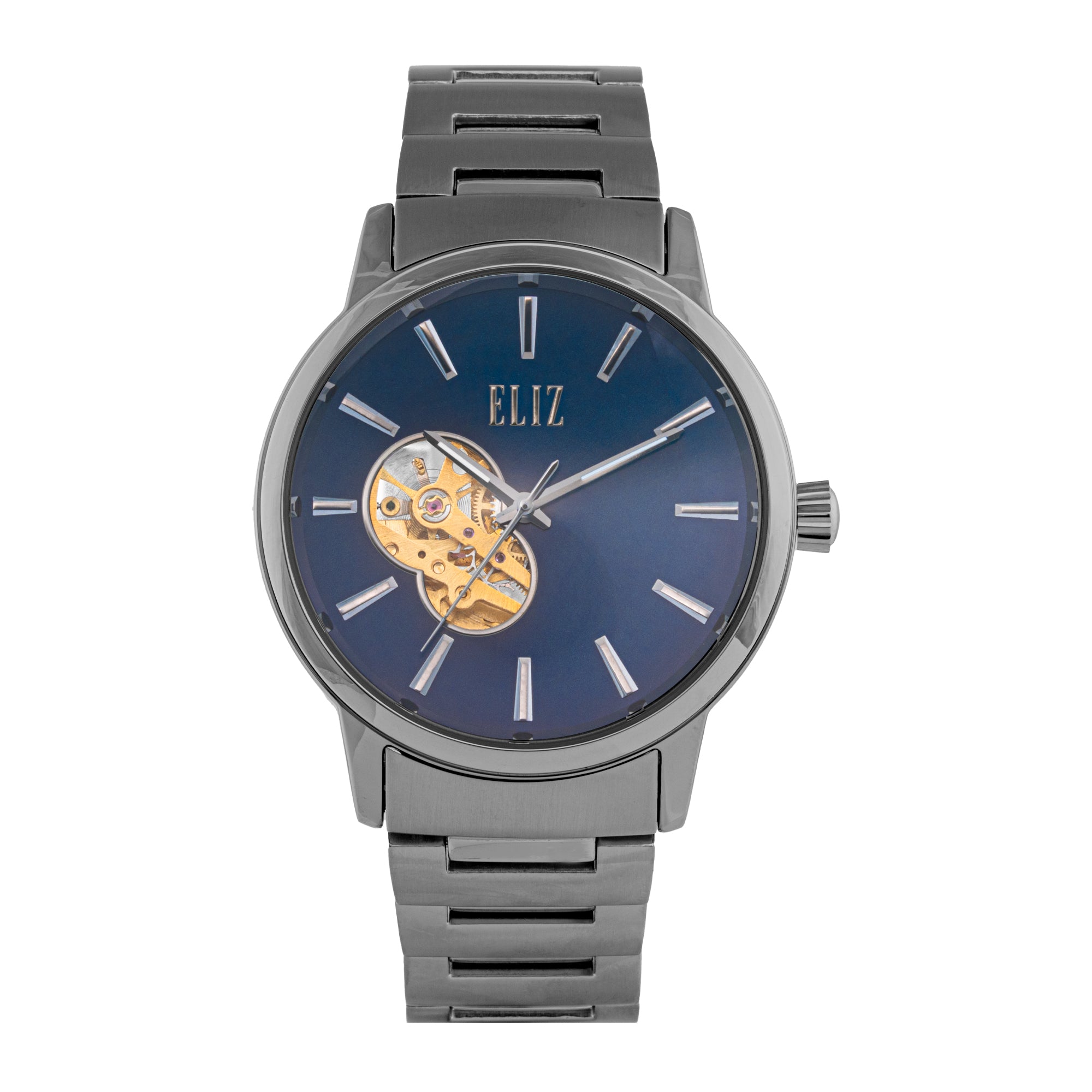 ELIZ ES8873G2ABA β DΓ©sir Collection β Round β 44mm Superior Metal Case β PVD Gun Plating β Hardened Mineral Glass β Blue Dial β Skeleton Automatic Mechanical Movement β 22mm PVD Gun Stainless Steel Band β Hidden Deployant with Pushers Buckle β 3ATM Water Resistant β Men's Watch β 2 Years Warranty