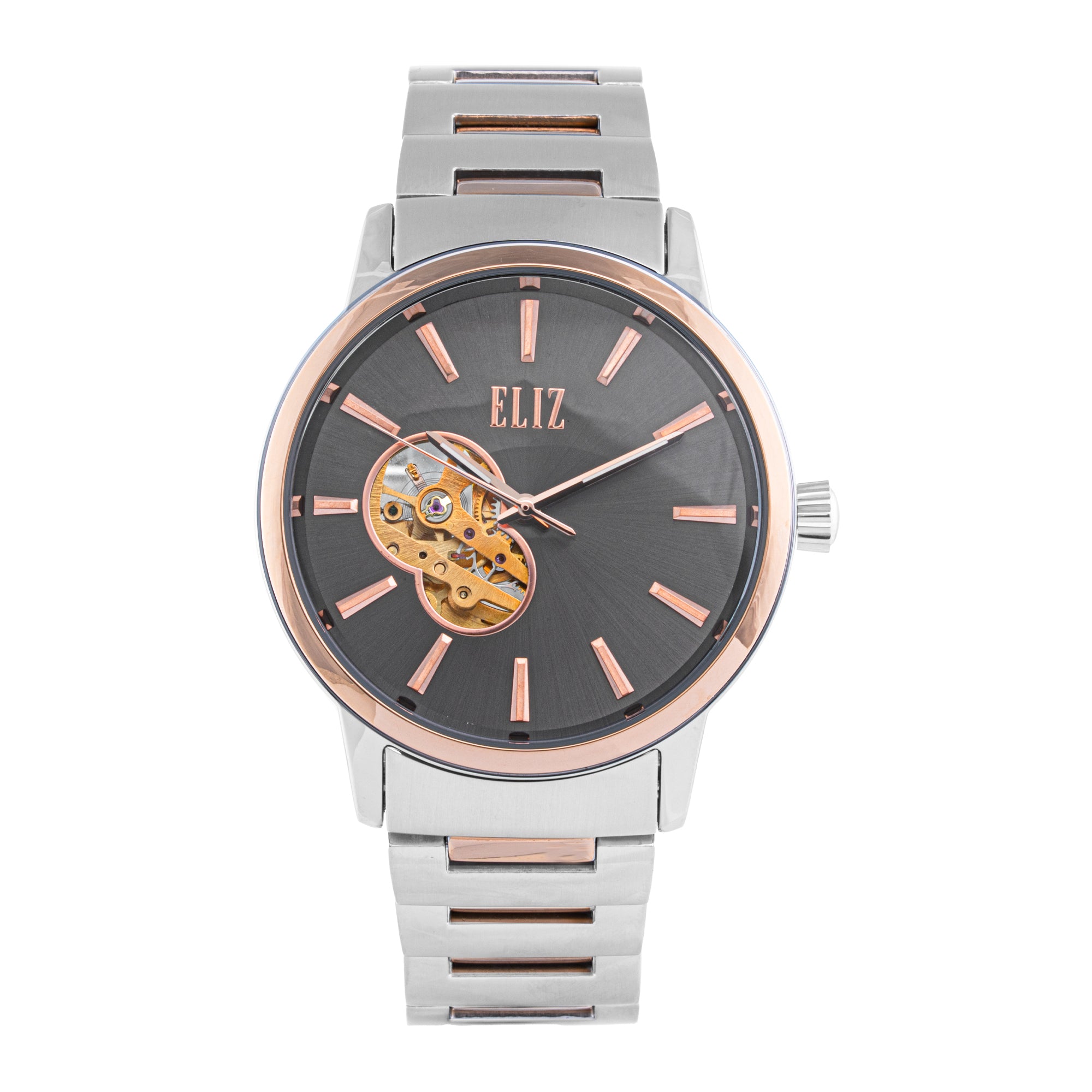 ELIZ ES8873G2UGU – Désir Collection – Round – 44mm Superior Metal Case – TT PVD Rose Gold Plating – Hardened Mineral Glass – Grey Dial – Skeleton Automatic Mechanical Movement – 22mm TT PVD Rose Gold Stainless Steel Band – Hidden Deployant with Pushers Buckle – 3ATM Water Resistant – Men's Watch – 2 Years Warranty