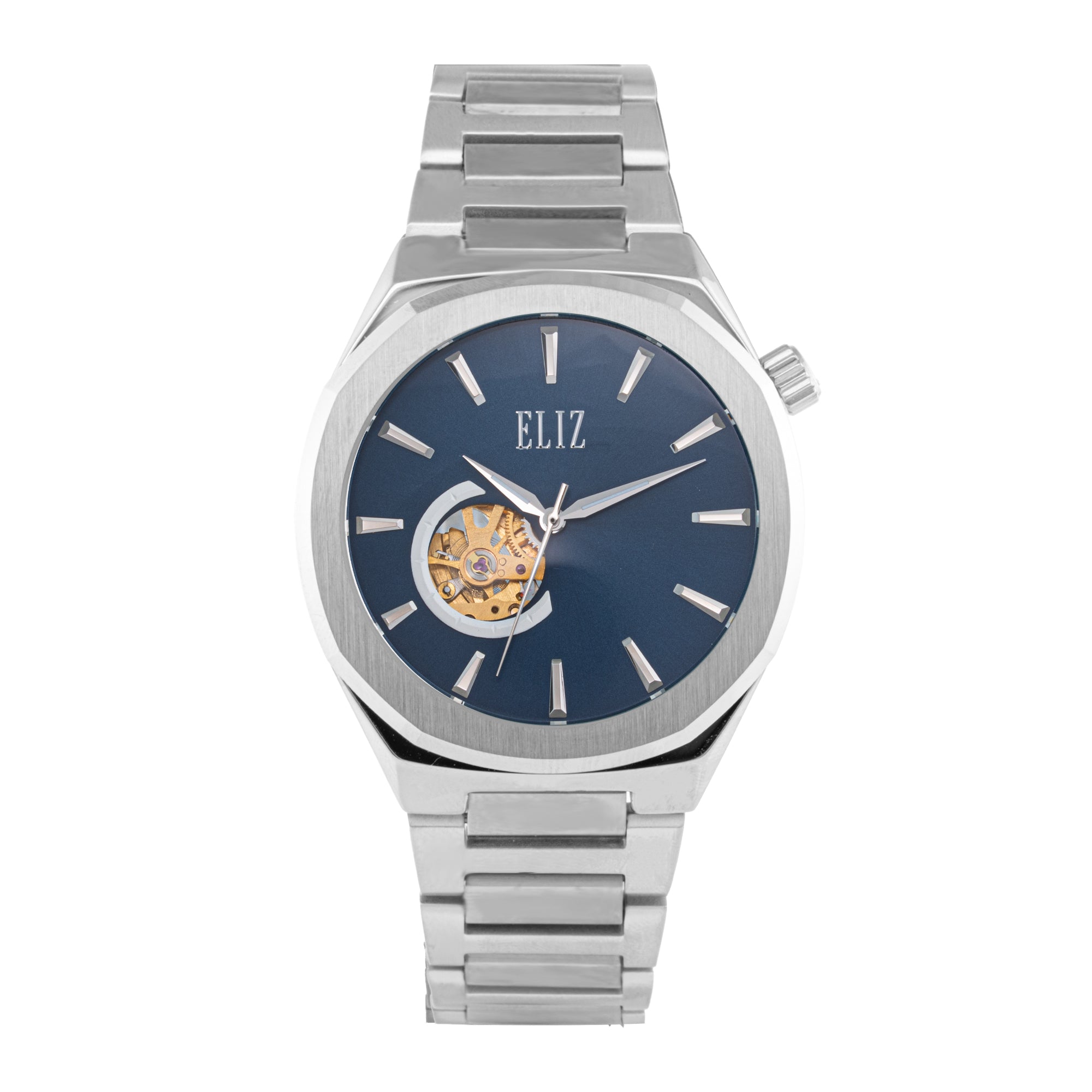 ELIZ ES8874G2SBS – Désir Collection – Round – 44mm Superior Metal Case – PVD Silver Plating – Hardened Mineral Glass – Blue Dial – Skeleton Automatic Mechanical Movement – 25x20mm Stainless Steel Band – Hidden Deployant with Pushers Buckle – 3ATM Water Resistant – Men's Watch – 2 Years Warranty