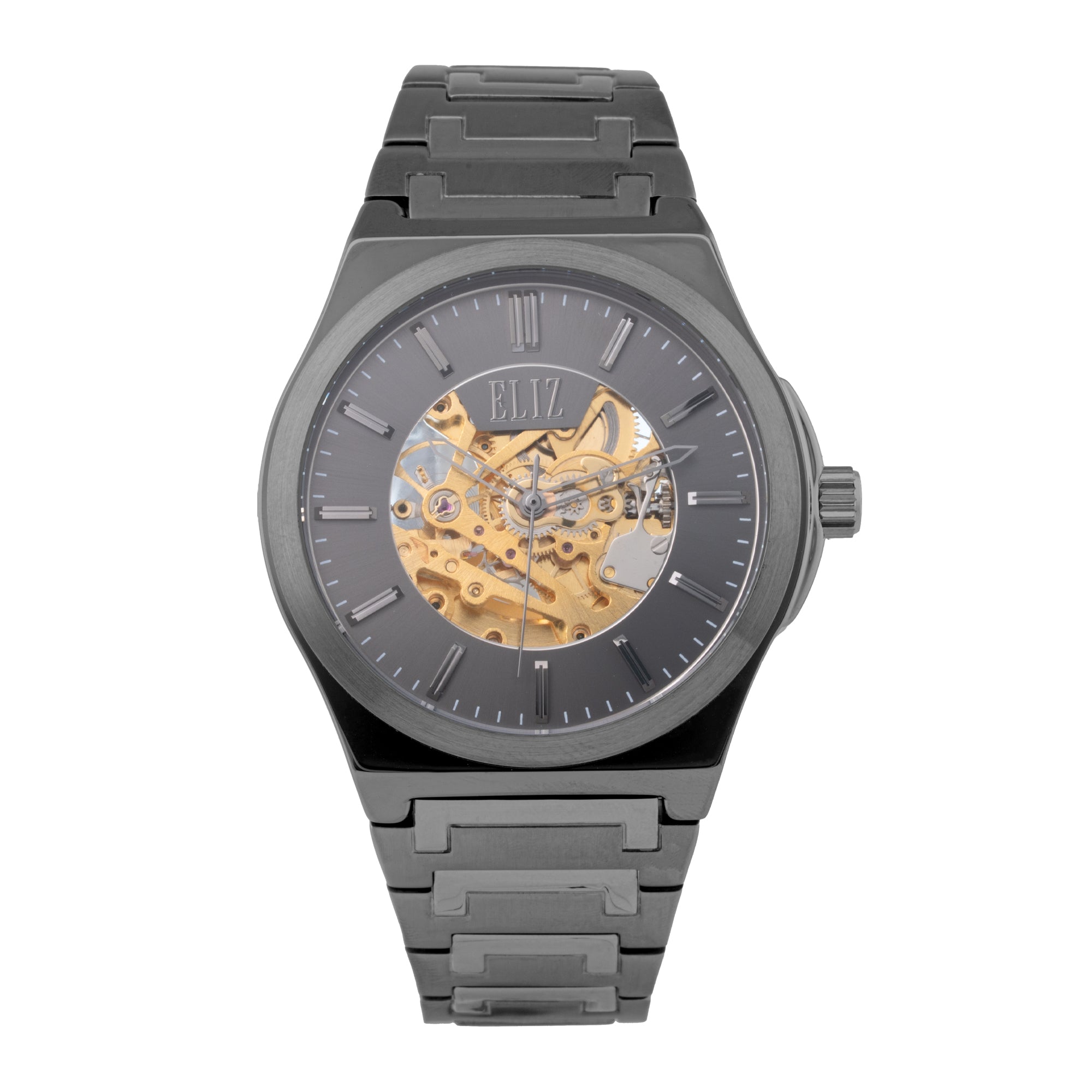 ELIZ ES8875G2AGA – Désir Collection – Round – 45mm Superior Metal Case – PVD Gun Plating – Hardened Mineral Glass – Grey Dial – Skeleton Automatic Mechanical Movement – 28x20mm PVD Gun Stainless Steel Band – Hidden Deployant with Pushers Buckle – 3ATM Water Resistant – Men's Watch – 2 Years Warranty 