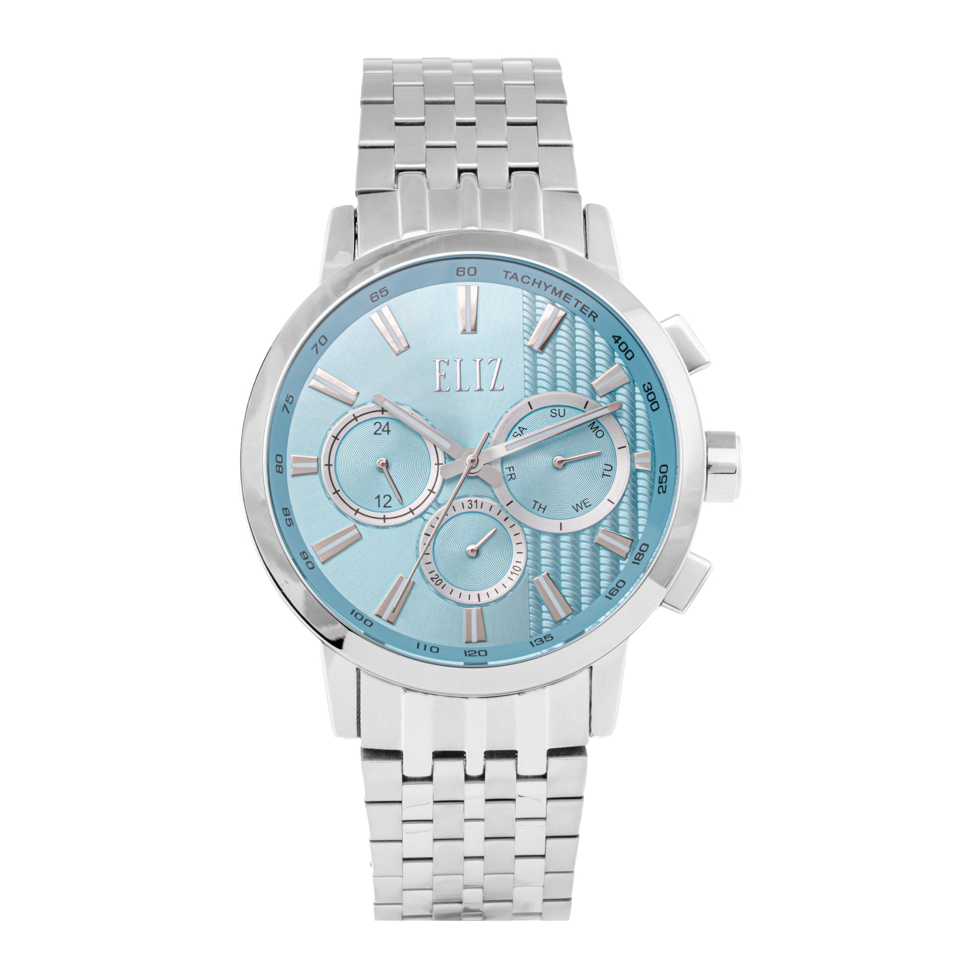 ELIZ ES8884G2SIS β DΓ©sir Collection β Round β 45mm Superior Metal Case β PVD Silver Plating β Hardened Mineral Glass β Light Blue Dial β Japan Multifunction Quartz Movement β 22mm Stainless Steel Band β Hidden Deployant with Pushers Buckle β 3ATM Water Resistant β Men's Watch β 2 Years Warranty 
