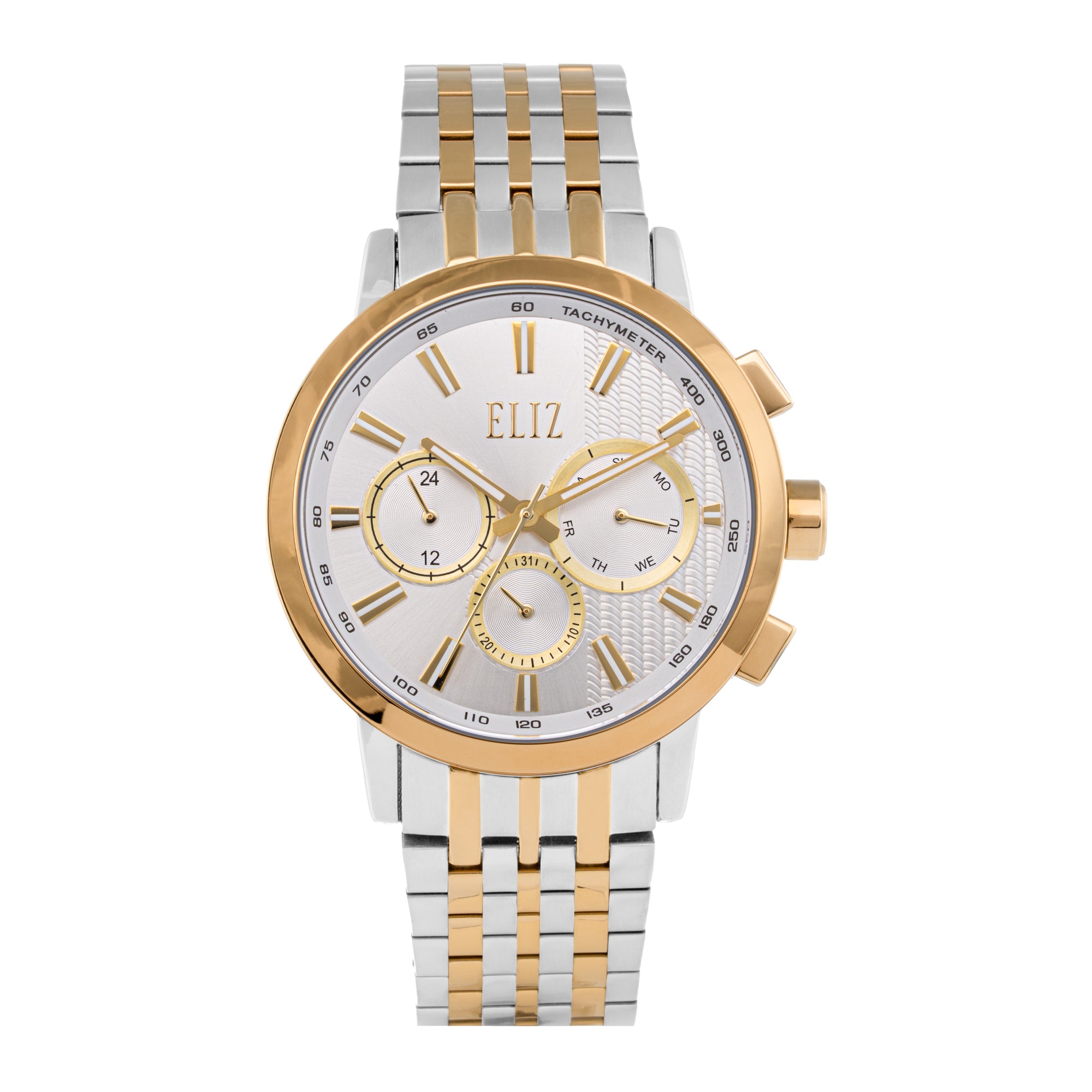 ELIZ ES8884G2TST – Désir Collection – Round – 45mm Superior Metal Case – TT PVD Gold Plating – Hardened Mineral Glass – Silver Dial – Japan Multifunction Quartz Movement – 22mm TT PVD Gold Stainless Steel Band – Hidden Deployant with Pushers Buckle – 3ATM Water Resistant – Men's Watch – 2 Years Warranty
