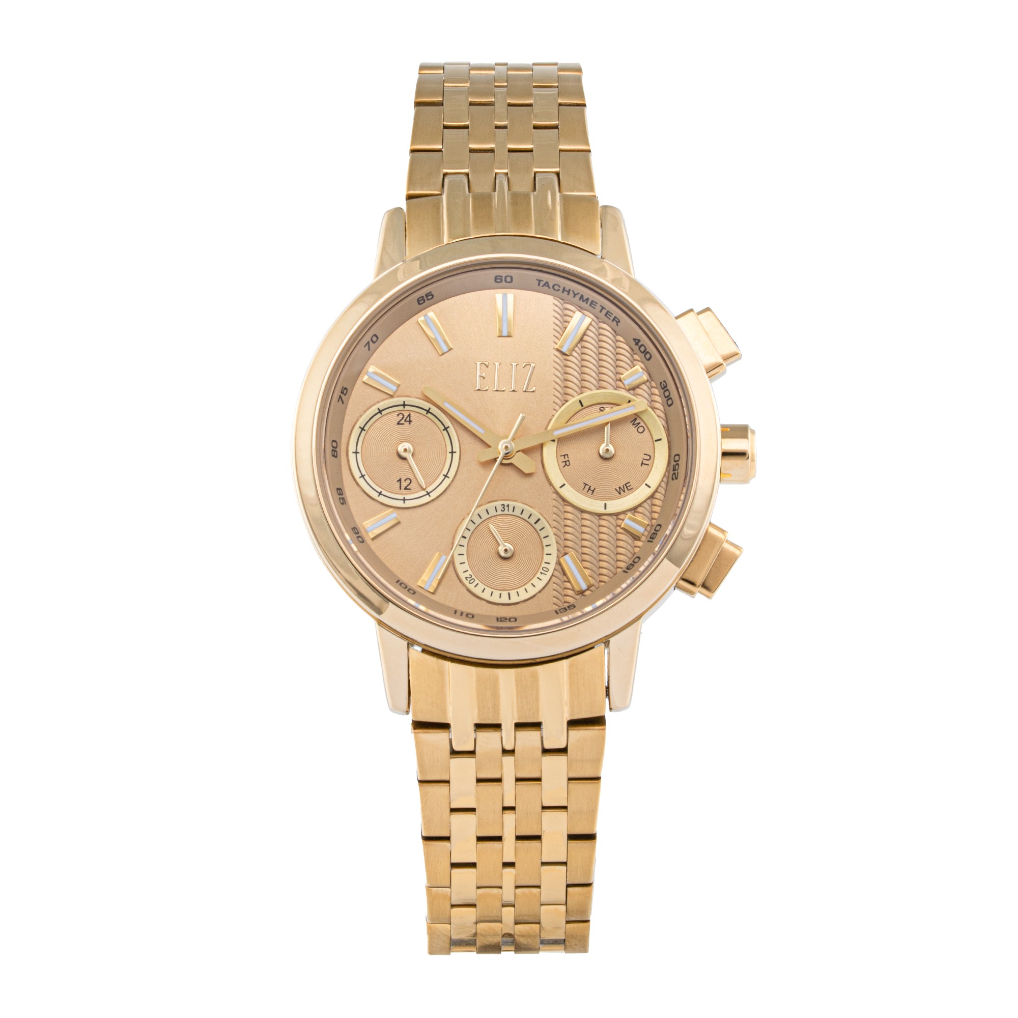 ELIZ ES8884L2GCG – Désir Collection – Round – 35mm Superior Metal Case – PVD Gold Plating – Hardened Mineral Glass – Gold Dial – Japan Multifunction Quartz Movement – 16mm PVD Gold Stainless Steel Band – Hidden Deployant with Pushers Buckle – 3ATM Water Resistant – Women's Watch – 2 Years Warranty