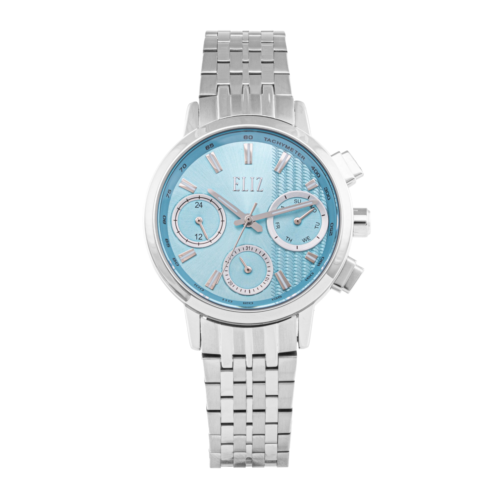 ELIZ ES8884L2SIS – Désir Collection – Round – 35mm Superior Metal Case – PVD Silver Plating – Hardened Mineral Glass – Light Blue Dial – Japan Multifunction Quartz Movement – 16mm Stainless Steel Band – Hidden Deployant with Pushers Buckle – 3ATM Water Resistant – Women's Watch – 2 Years Warranty