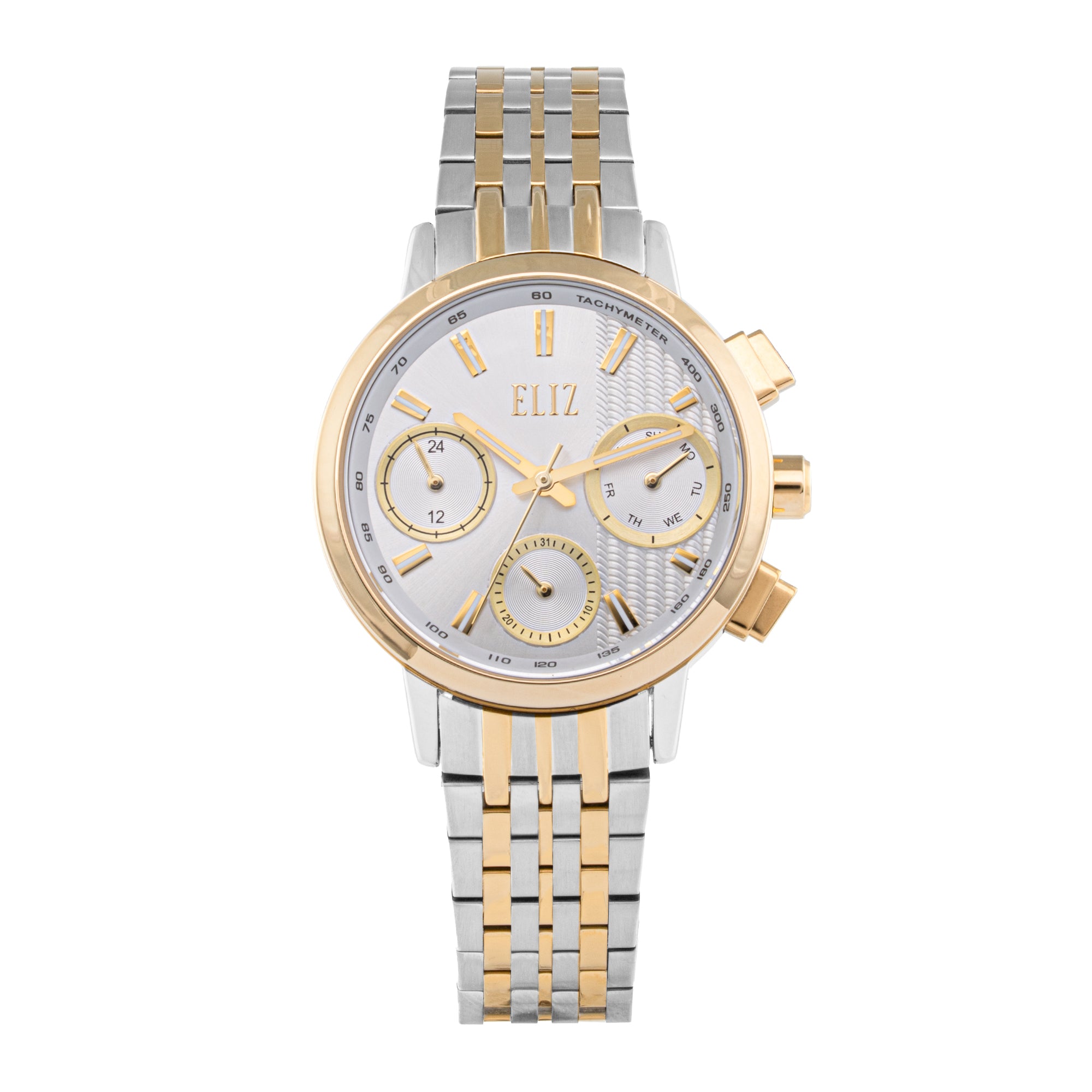 ELIZ ES8884L2TST – Désir Collection – Round – 35mm Superior Metal Case – TT PVD Gold Plating – Hardened Mineral Glass – Silver Dial – Japan Multifunction Quartz Movement – 16mm TT PVD Gold Stainless Steel Band – Hidden Deployant with Pushers Buckle – 3ATM Water Resistant – Women's Watch – 2 Years Warranty