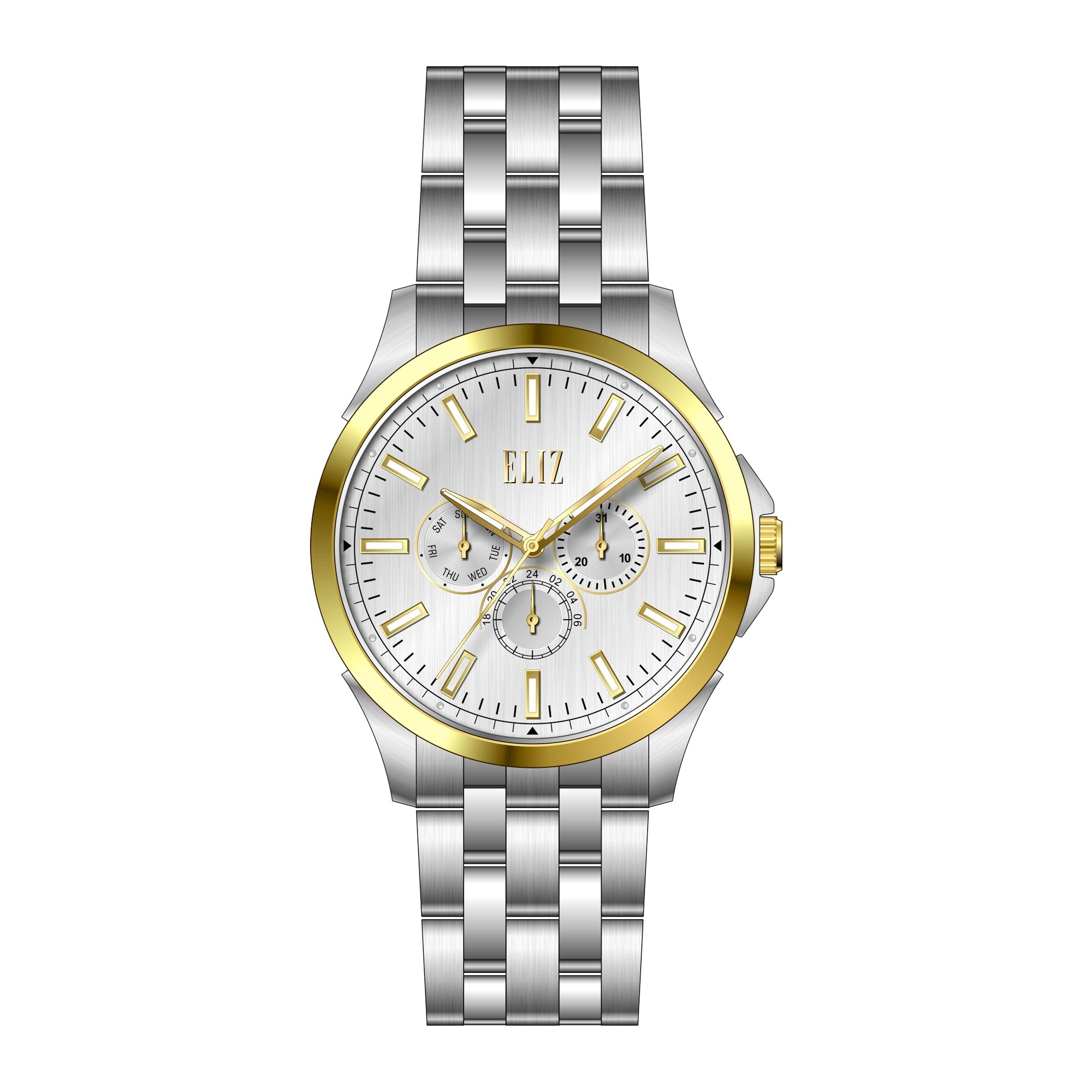 ELIZ ES8888G2TSS – Estimar Collection – Round – 42mm Stainless Steel Case – TT PVD Gold Plating – Hardened Mineral Glass – Silver Dial – Japan Multifunction Quartz Movement – 22x20mm Stainless Steel Band – Foldover with Pushers Buckle – 5ATM Water Resistant – Men's Watch – 2 Years Warranty