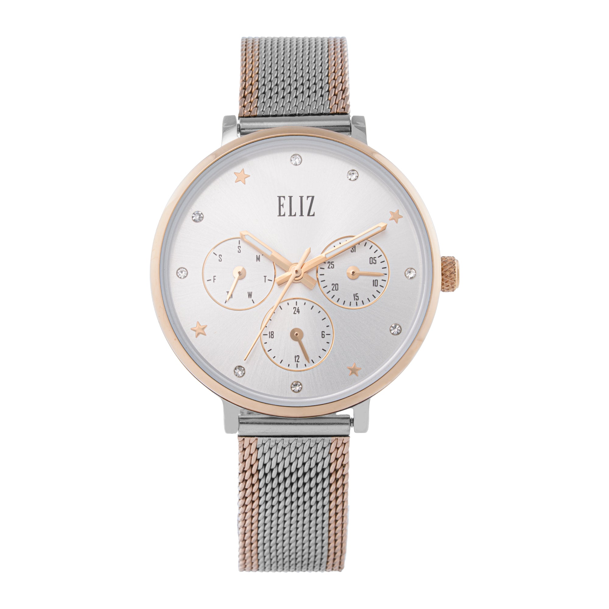 ELIZ ES8914L2USU β Iris Collection β Round β 36mm Stainless Steel Back Case β TT PVD Rose Gold Plating β Mineral Glass β Silver Dial β Japan Multifunction Quartz Movement β 14mm TT PVD Rose Gold Stainless Steel Mesh Strap β Double Lock with Safety Clasp Buckle β 3ATM Water Resistant β Women's Watch β 2 Years Warranty