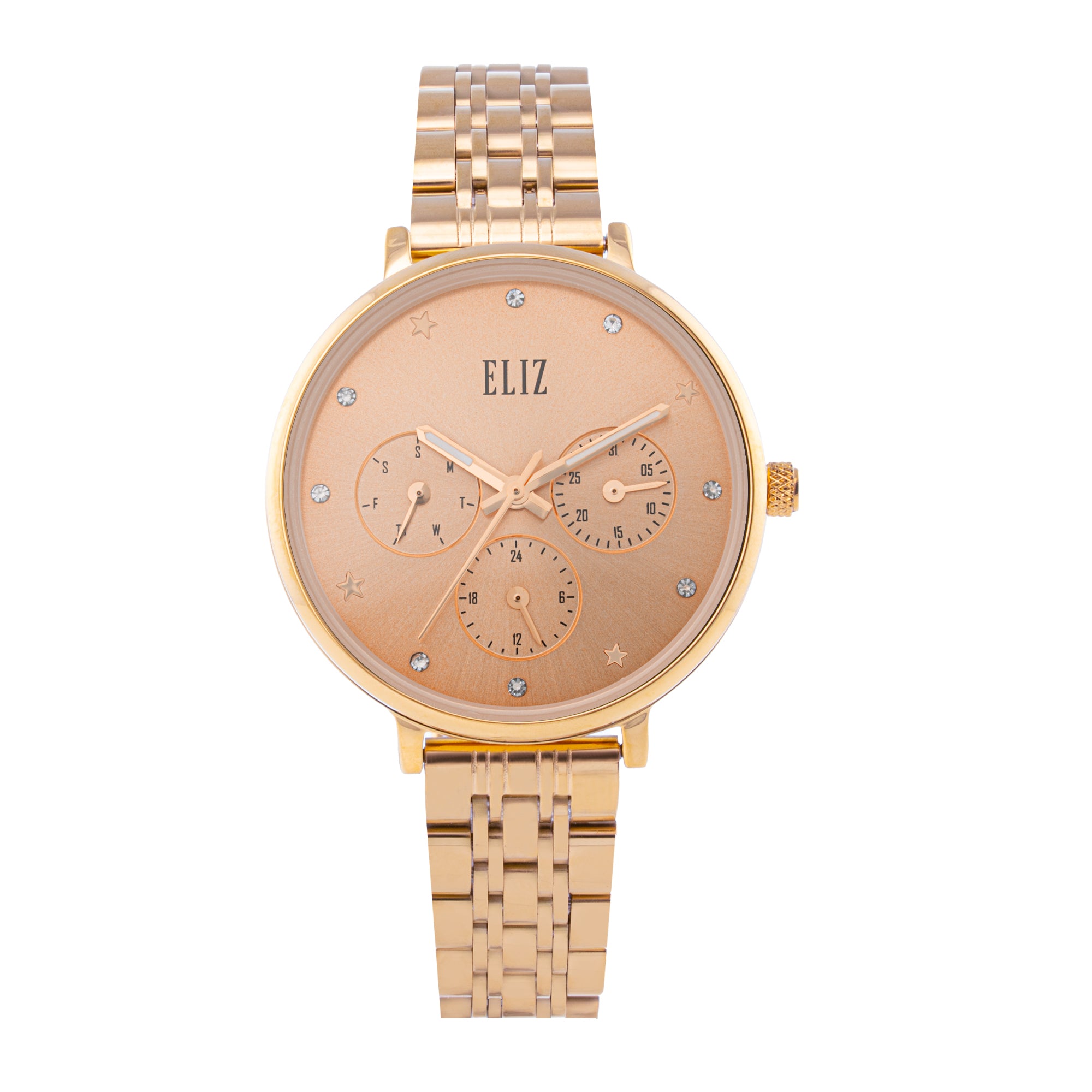 ELIZ ES8915L2RPR – Iris Collection – Round – 34mm Stainless Steel Back Case – PVD Rose Gold Plating – Mineral Glass – Rose Dial – Japan Multifunction Quartz Movement – 12mm PVD Rose Gold Stainless Steel Band – Hidden Deployant with Pushers Buckle – 3ATM Water Resistant – Women's Watch – 2 Years Warranty