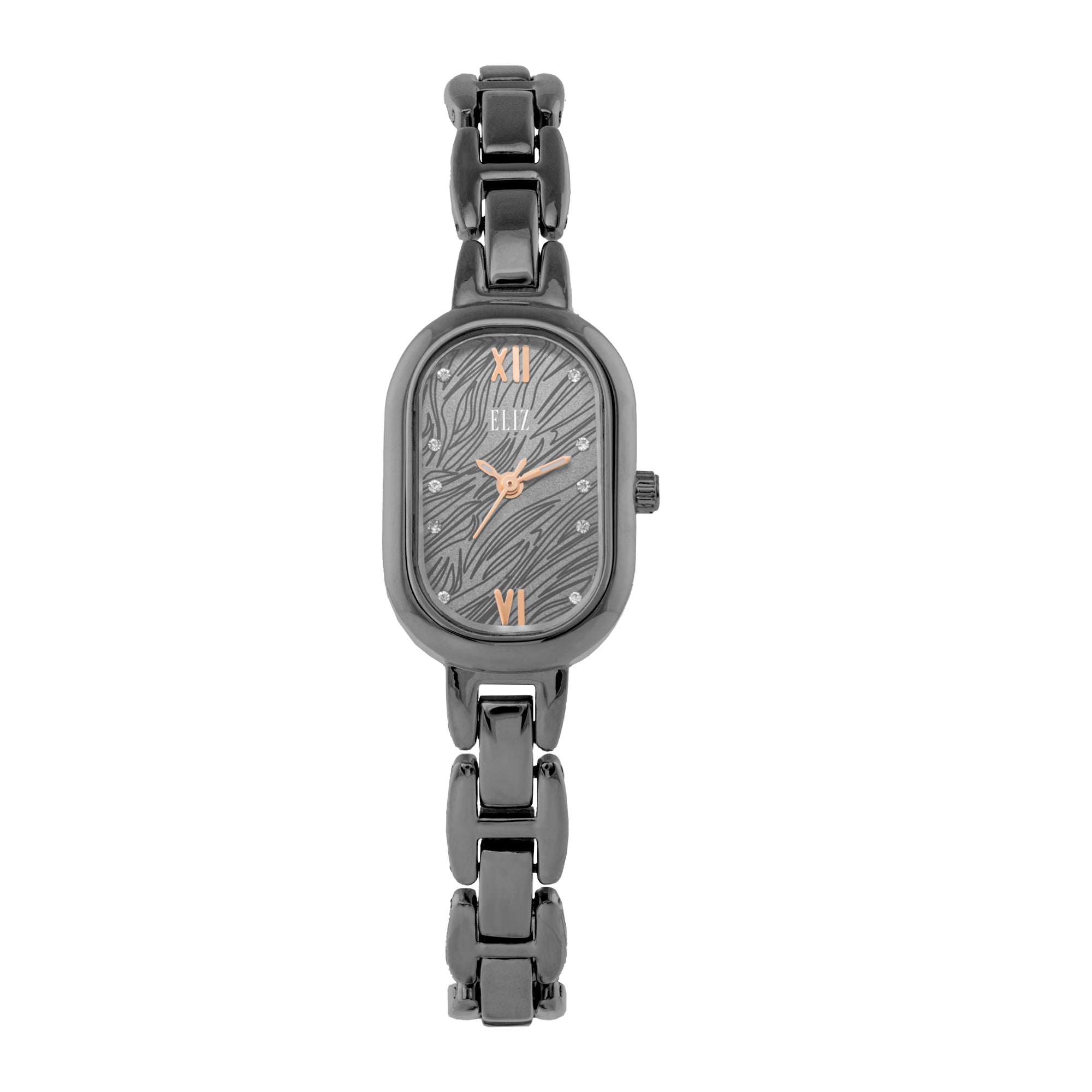 ELIZ ES8917L2AGA β Iris Collection β Oblong β 21x31mm Stainless Steel Back Case β PVD Gun Plating β Mineral Glass β Grey Dial β Japan 3-Hands Quartz Movement β 10mm PVD Gun Metal Bracelet β Jewelry Buckle β 3ATM Water Resistant β Women's Watch β 2 Years Warranty