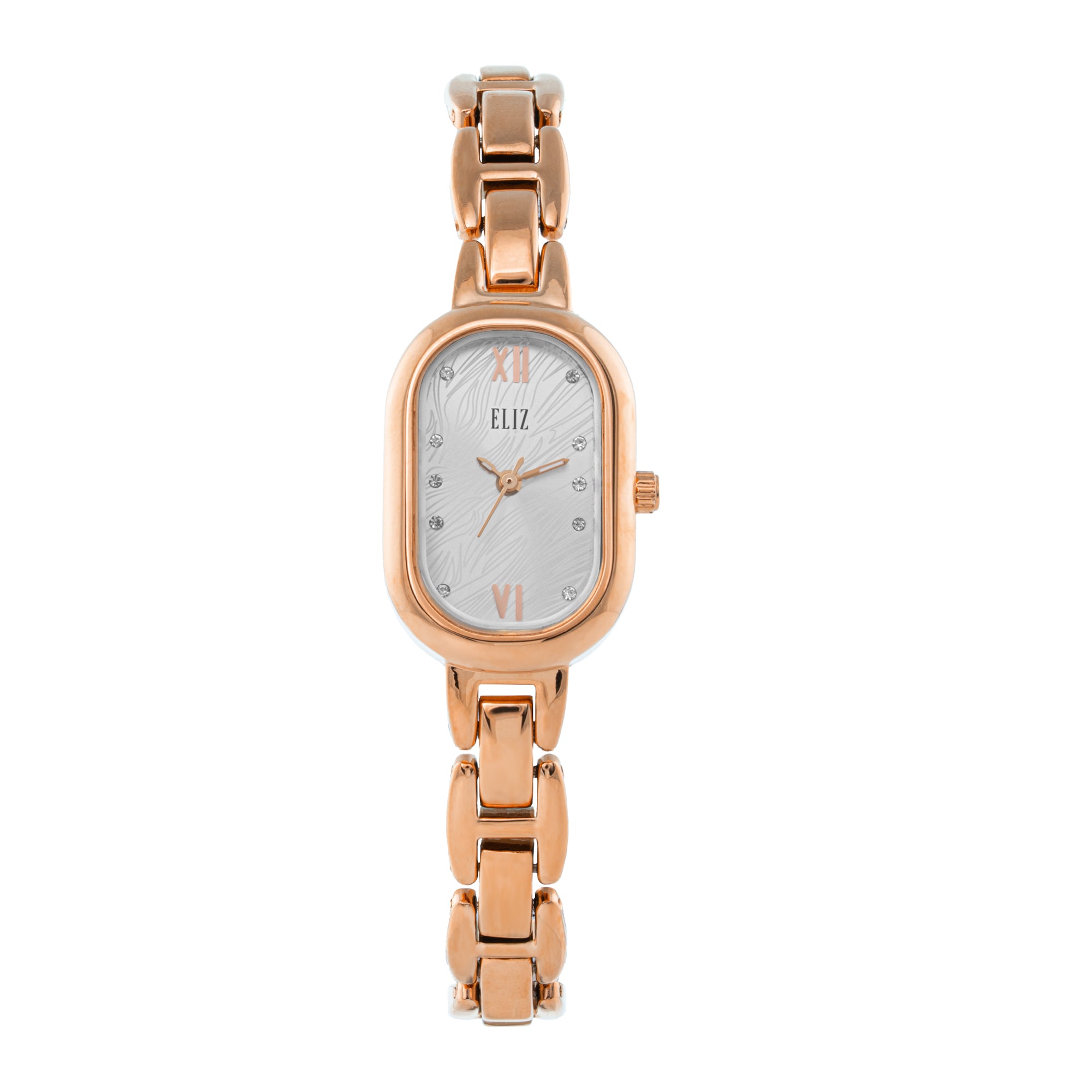 ELIZ ES8917L2RSR – Iris Collection – Oblong – 21x31mm Stainless Steel Back Case – PVD Rose Gold Plating – Mineral Glass – Silver Dial – Japan 3-Hands Quartz Movement – 10mm PVD Rose Gold Metal Bracelet – Jewelry Buckle – 3ATM Water Resistant – Women's Watch – 2 Years Warranty 