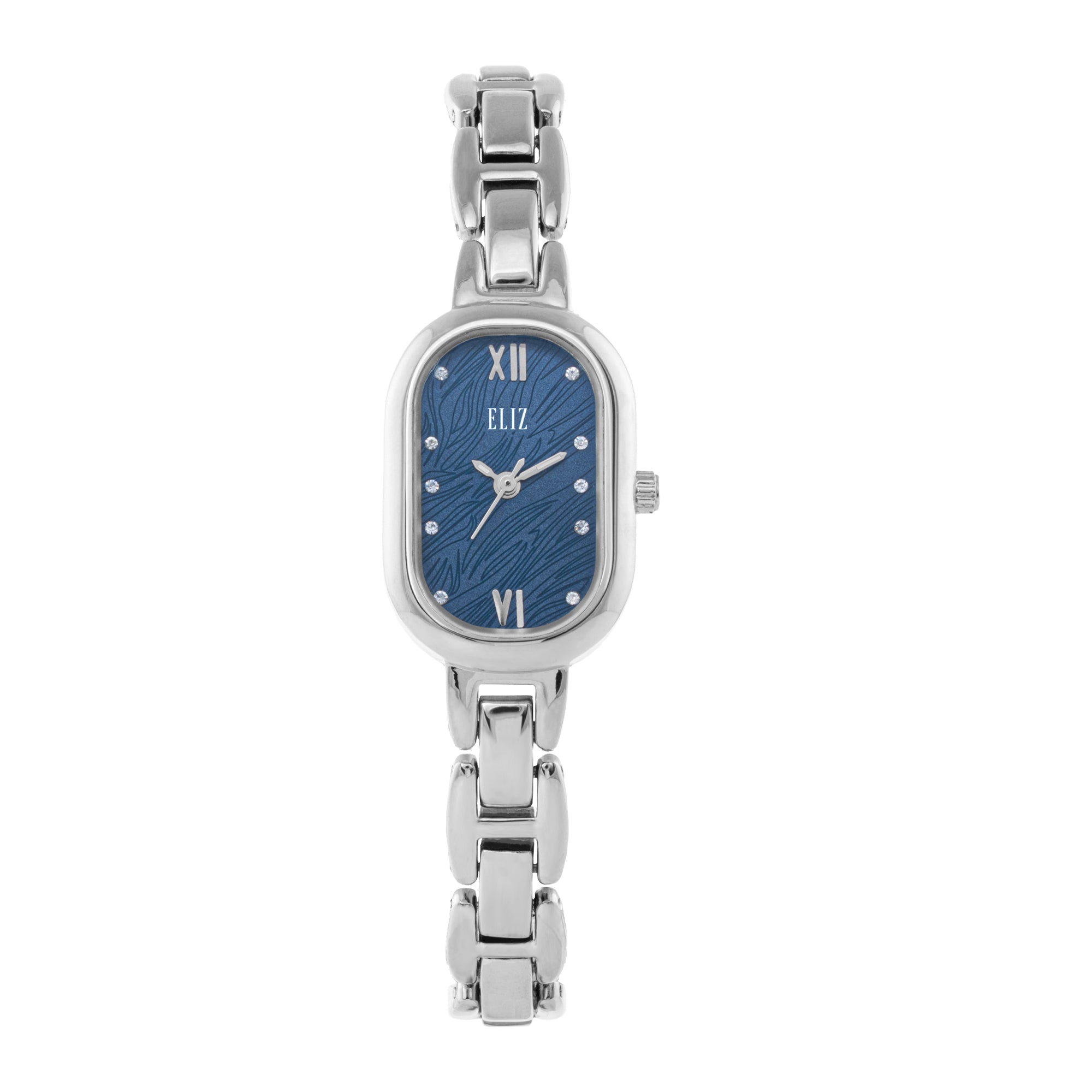 ELIZ ES8917L2SBS β Iris Collection β Oblong β 21x31mm Stainless Steel Back Case β PVD Silver Plating β Mineral Glass β Blue Dial β Japan 3-Hands Quartz Movement β 10mm PVD Silver Metal Bracelet β Jewelry Buckle β 3ATM Water Resistant β Women's Watch β 2 Years Warranty