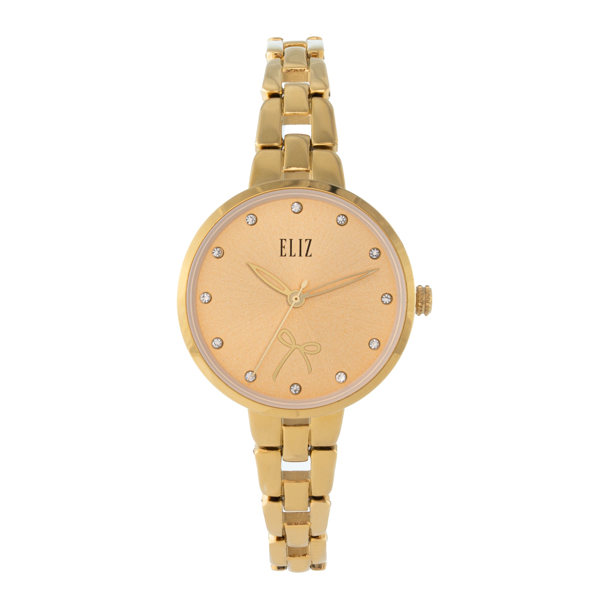 ELIZ ES8918L2GCG β Iris Collection women's watch featuring a 33mm case, PVD Gold plating, Gold Dial, and Gold Metal Bracelet. Stylish design with quartz movement and 3ATM water resistance.