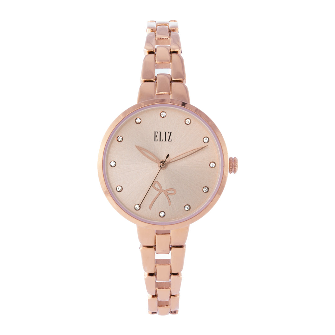 ELIZ ES8918L2RPR – Iris Collection women's watch featuring a 33mm case, PVD Rose Gold plating, Rose Dial, and Rose Gold Bracelet. Stylish design with quartz movement and 3ATM water resistance.