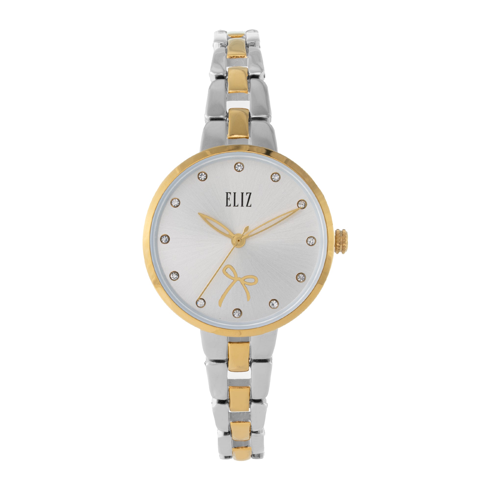 ELIZ ES8918L2TST – Iris Collection women's watch featuring a 33mm case, TT PVD Gold plating, Silver Dial, and TT Gold Metal Bracelet. Stylish design with quartz movement and 3ATM water resistance.