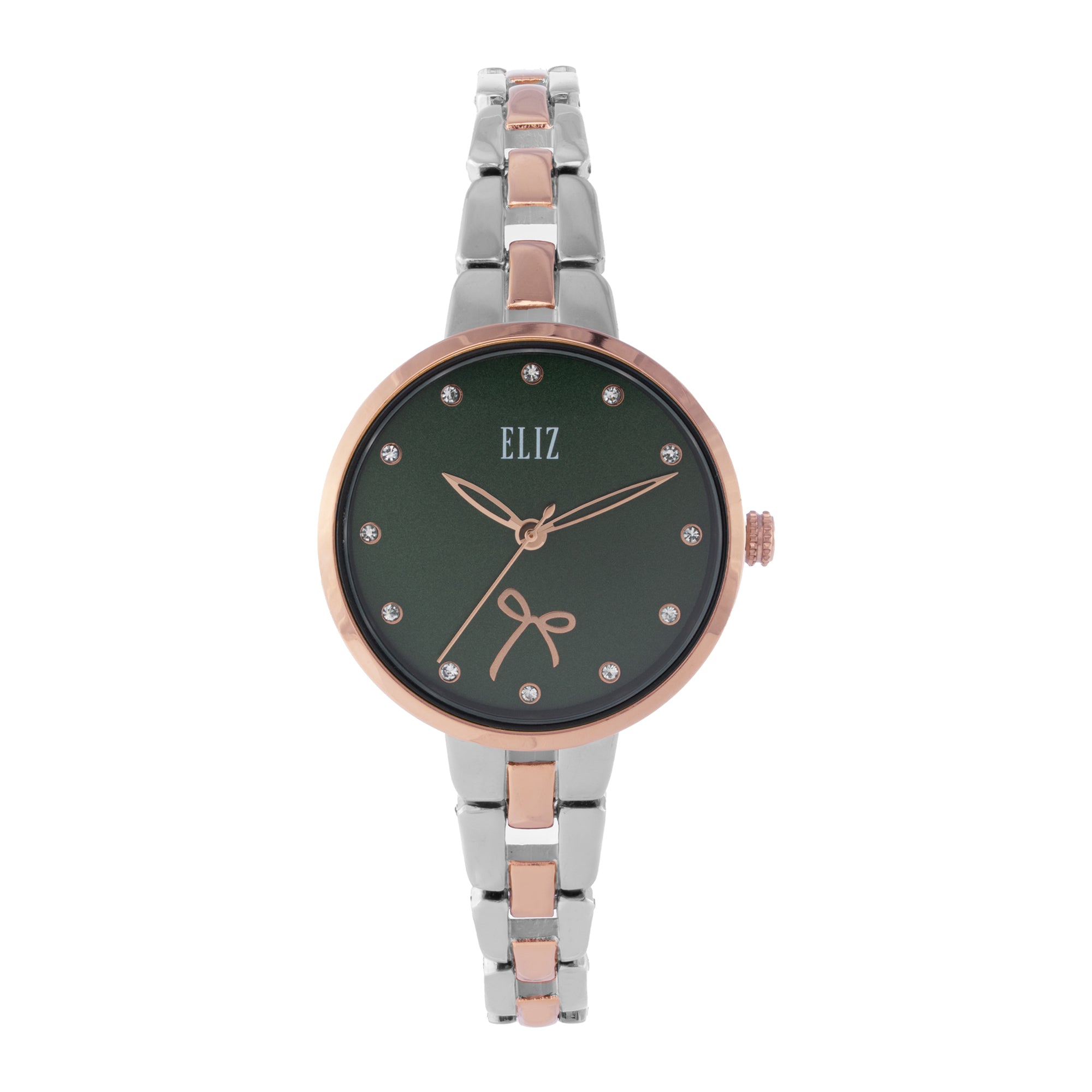 ELIZ ES8918L2UEU β Iris Collection women's watch featuring a 33mm case, TT PVD Rose Gold plating, Green Dial, and TT Rose Gold Bracelet. Stylish design with quartz movement and 3ATM water resistance
