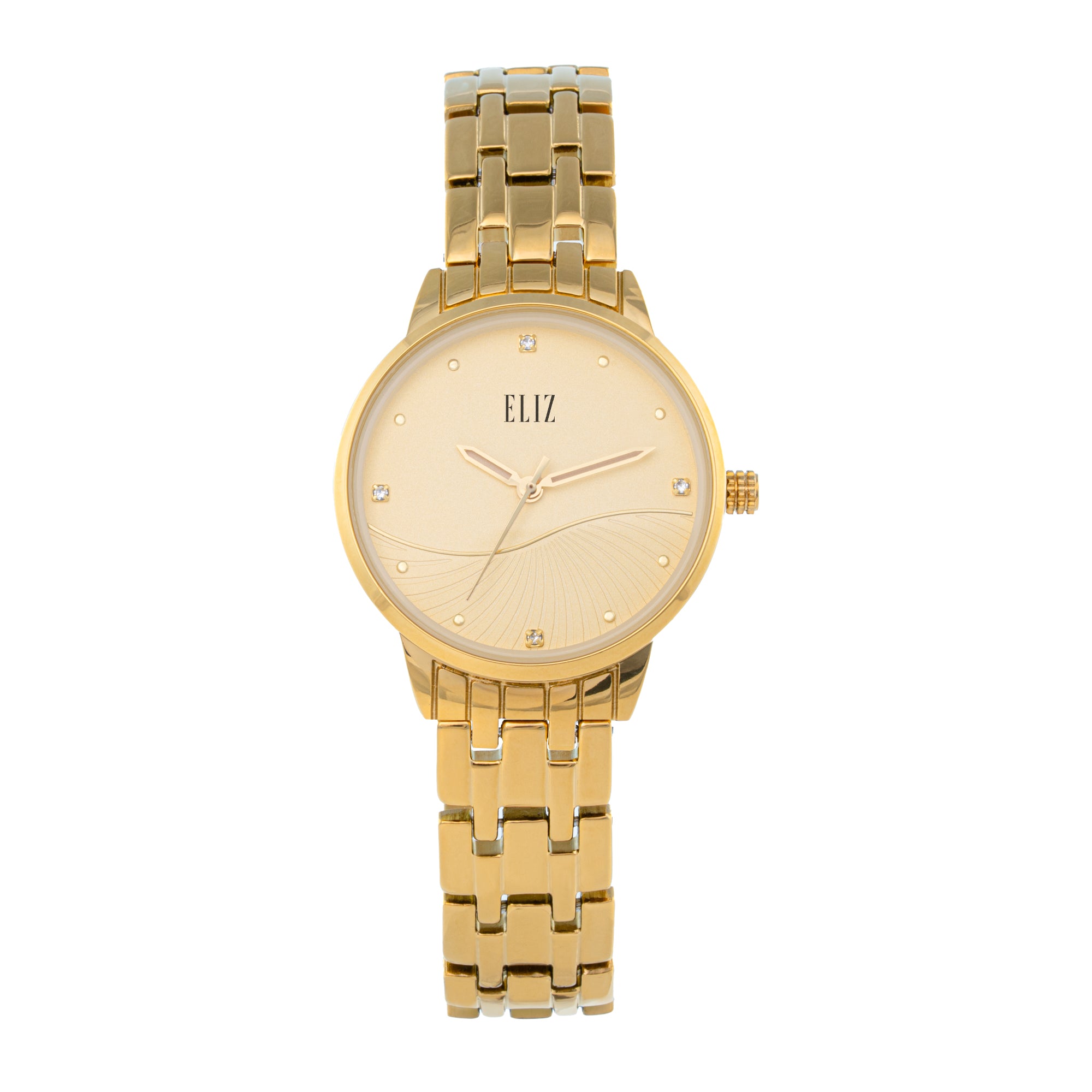 ELIZ ES8919L2GCG β Iris Collection β Round β 34mm Stainless Steel Back Case β PVD Gold Plating β Mineral Glass β Gold Dial β Japan 3-Hands Quartz Movement β 15mm PVD Gold Metal Bracelet β Jewelry Buckle β 3ATM Water Resistant β Women's Watch β 2 Years Warranty