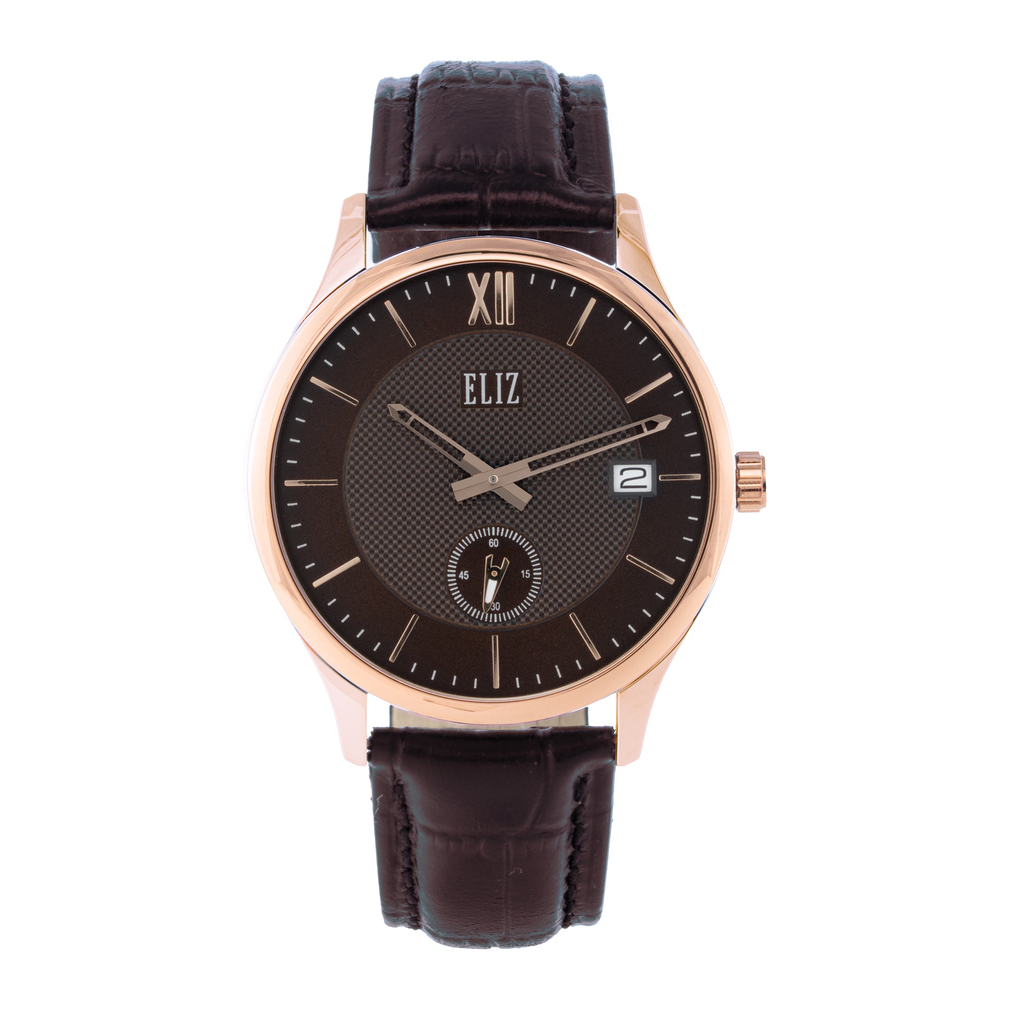 ELIZ ES8921G1ROO – ELIZ Classique Men's Watch – 42mm PVD Rose Gold Case – Brown Dial – Quartz Movement – Brown Leather Strap
