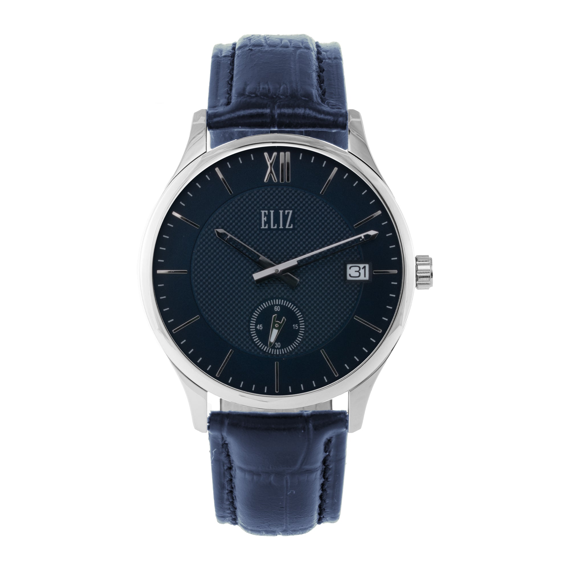 ELIZ ES8921G1SBB – ELIZ Classique Men's Watch – 42mm PVD Silver Case – Blue Dial – Quartz Movement – Blue Leather Strap