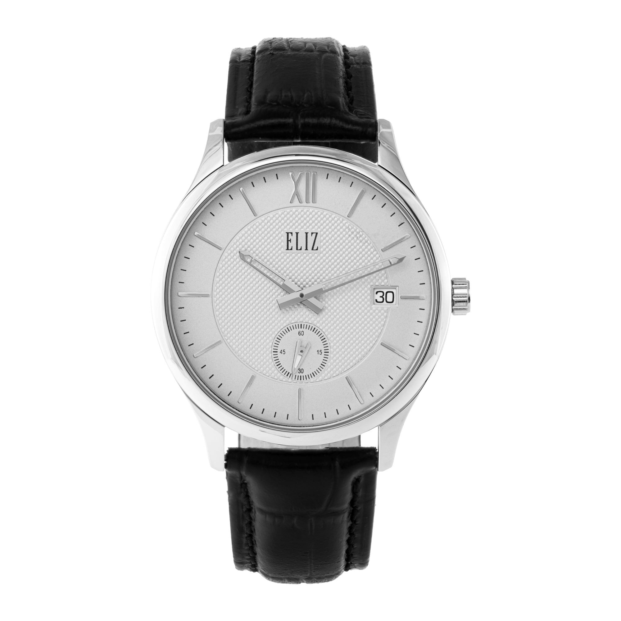ELIZ ES8921G1SSN – ELIZ Classique Men's Watch – 42mm PVD Silver Case – Silver Dial – Quartz Movement – Black Leather Strap